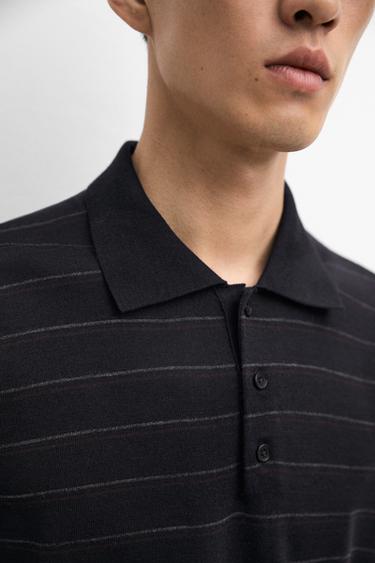 Striped short sleeve knit polo sweater — NAVY BLUE 8