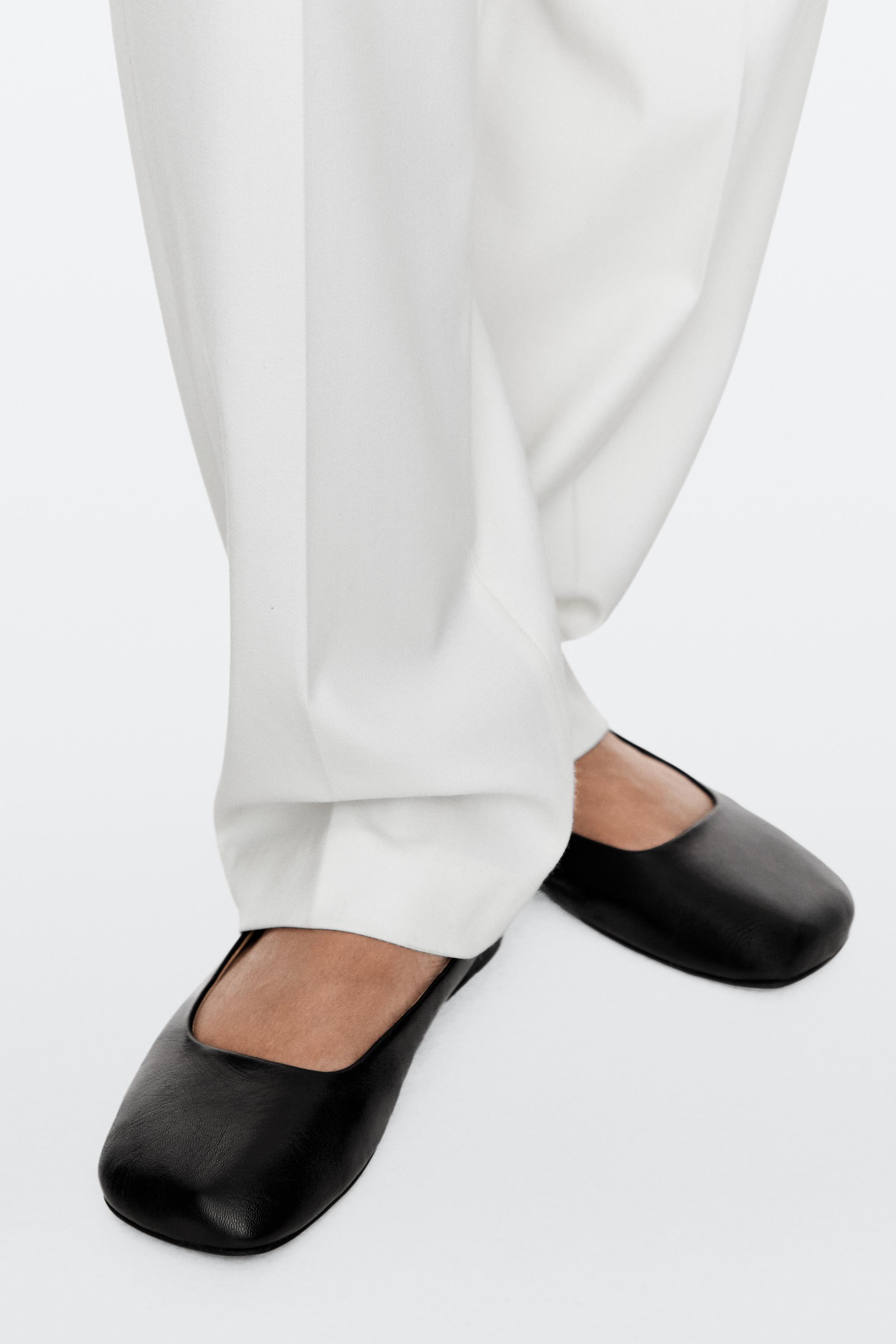 Square toe leather ballet flats — BLACK