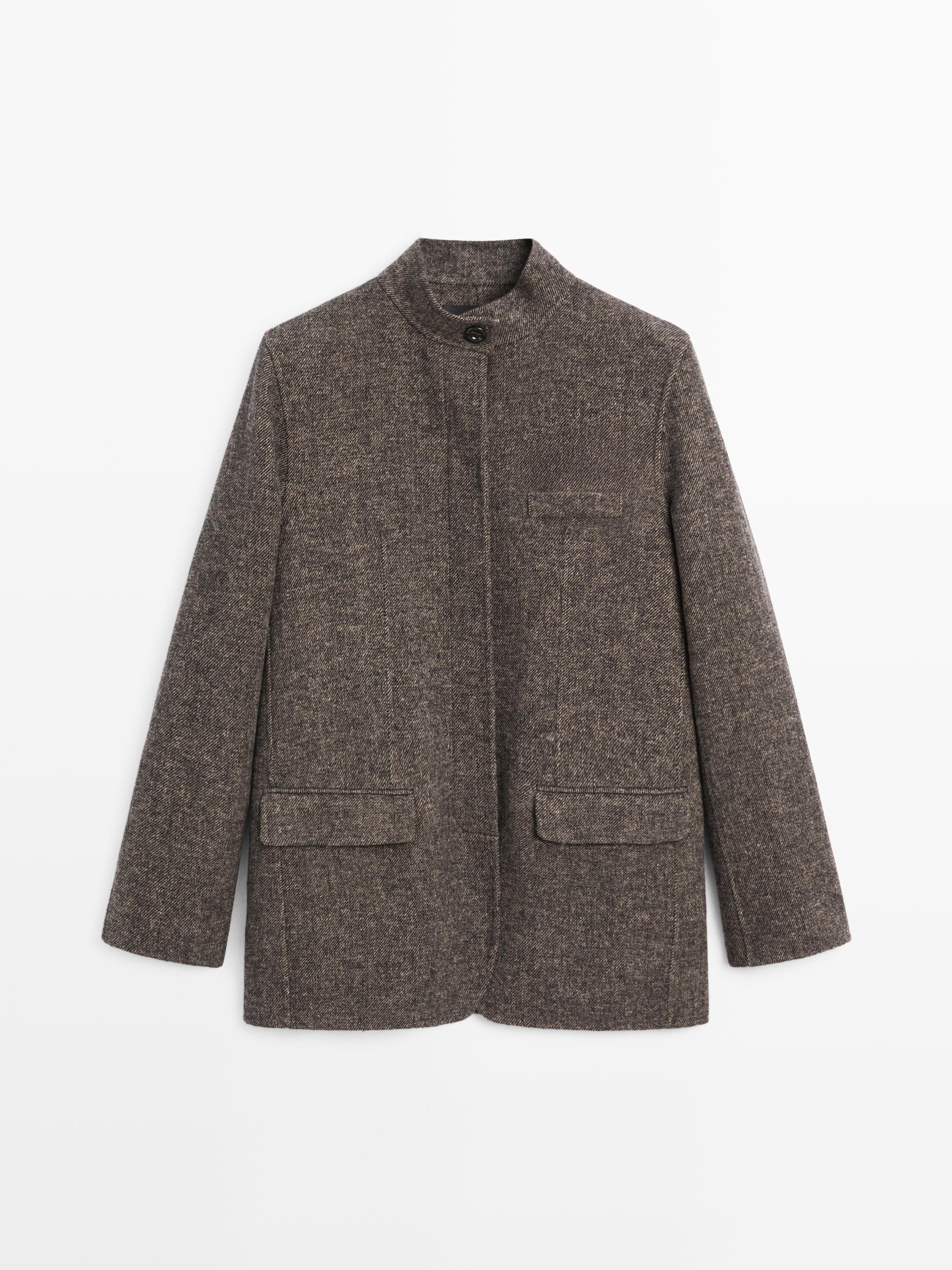 Wool blend twill coat with high collar