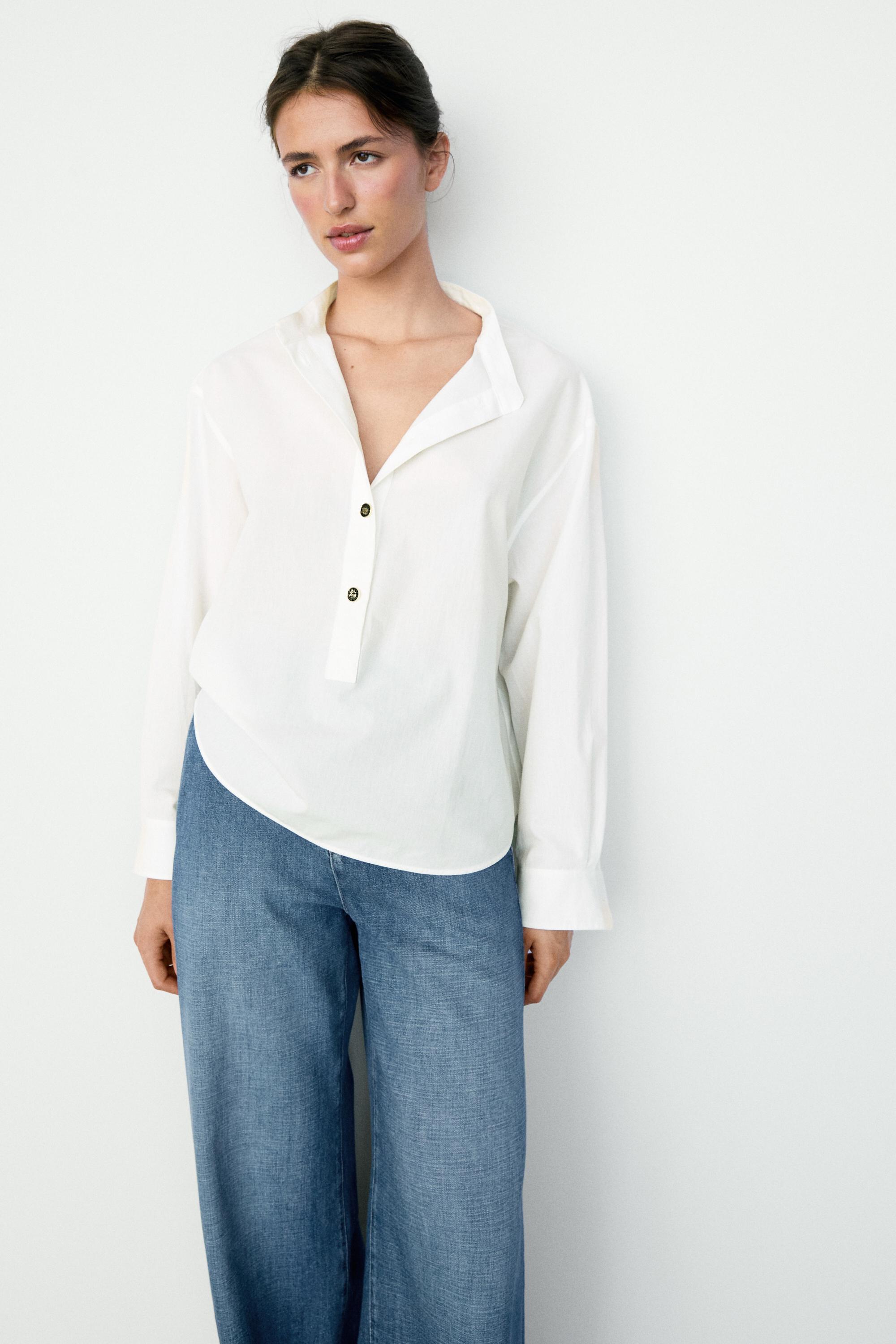 Stand collar shirt with gold buttons — Off white
