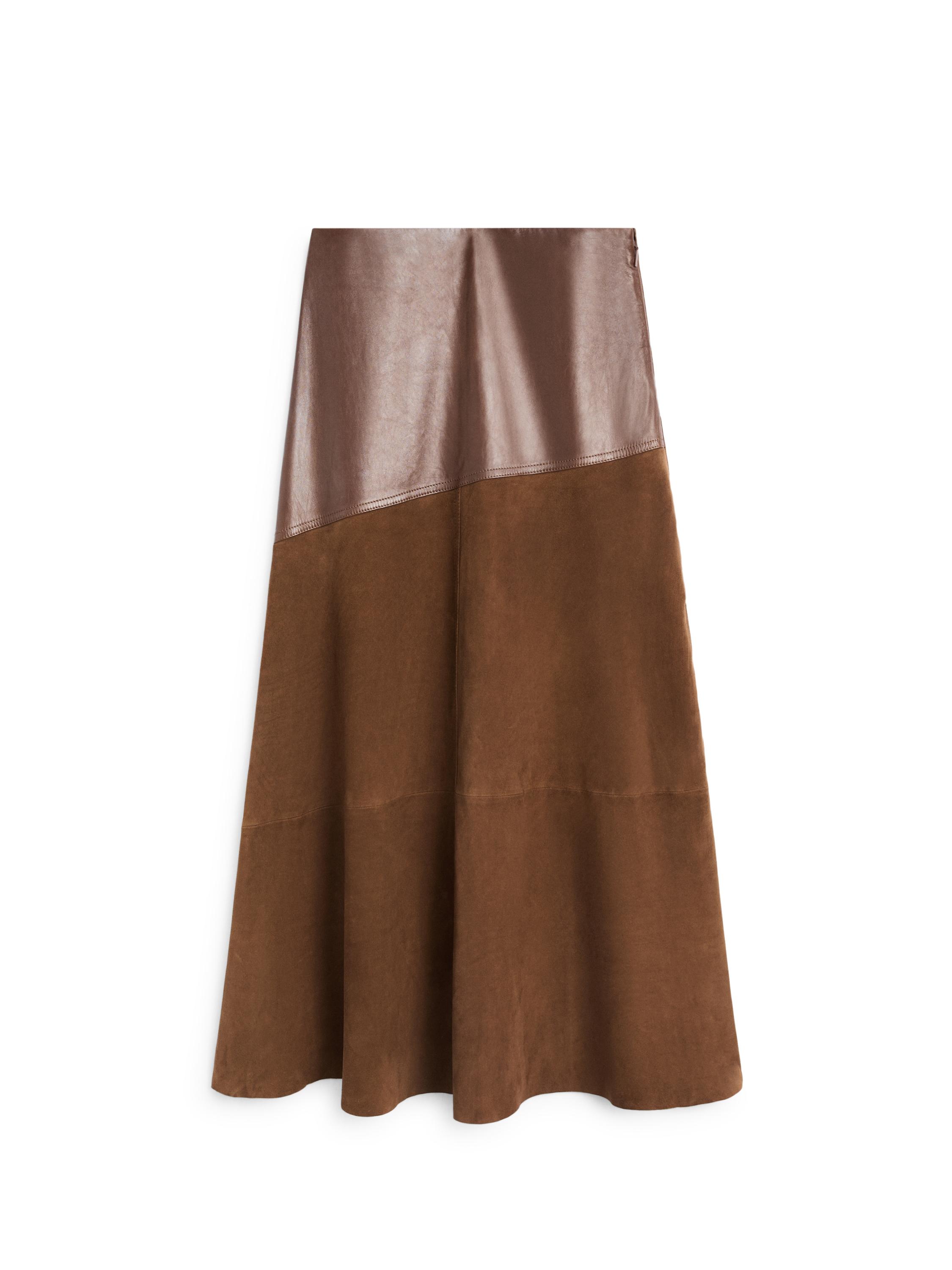 Suede nappa leather skirt with asymmetric yoke — BROWN