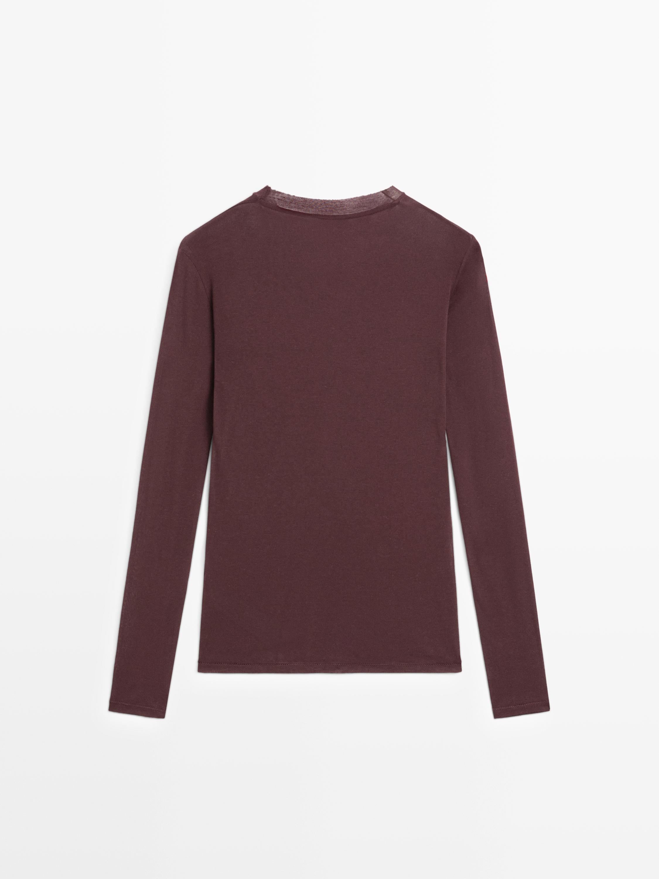 100% cotton semi-sheer T-shirt with collar detail — BURGUNDY