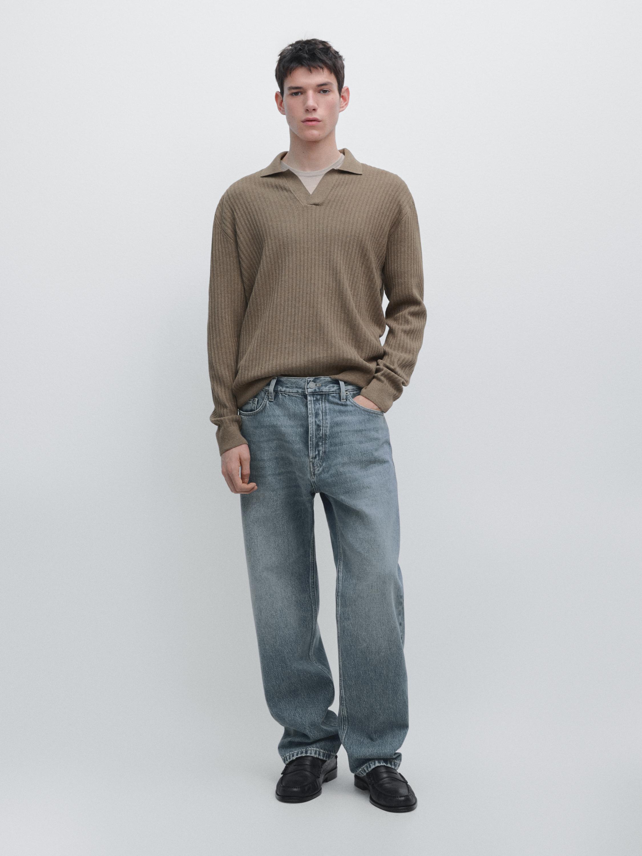 Cotton blend knit polo sweater — KHAKI