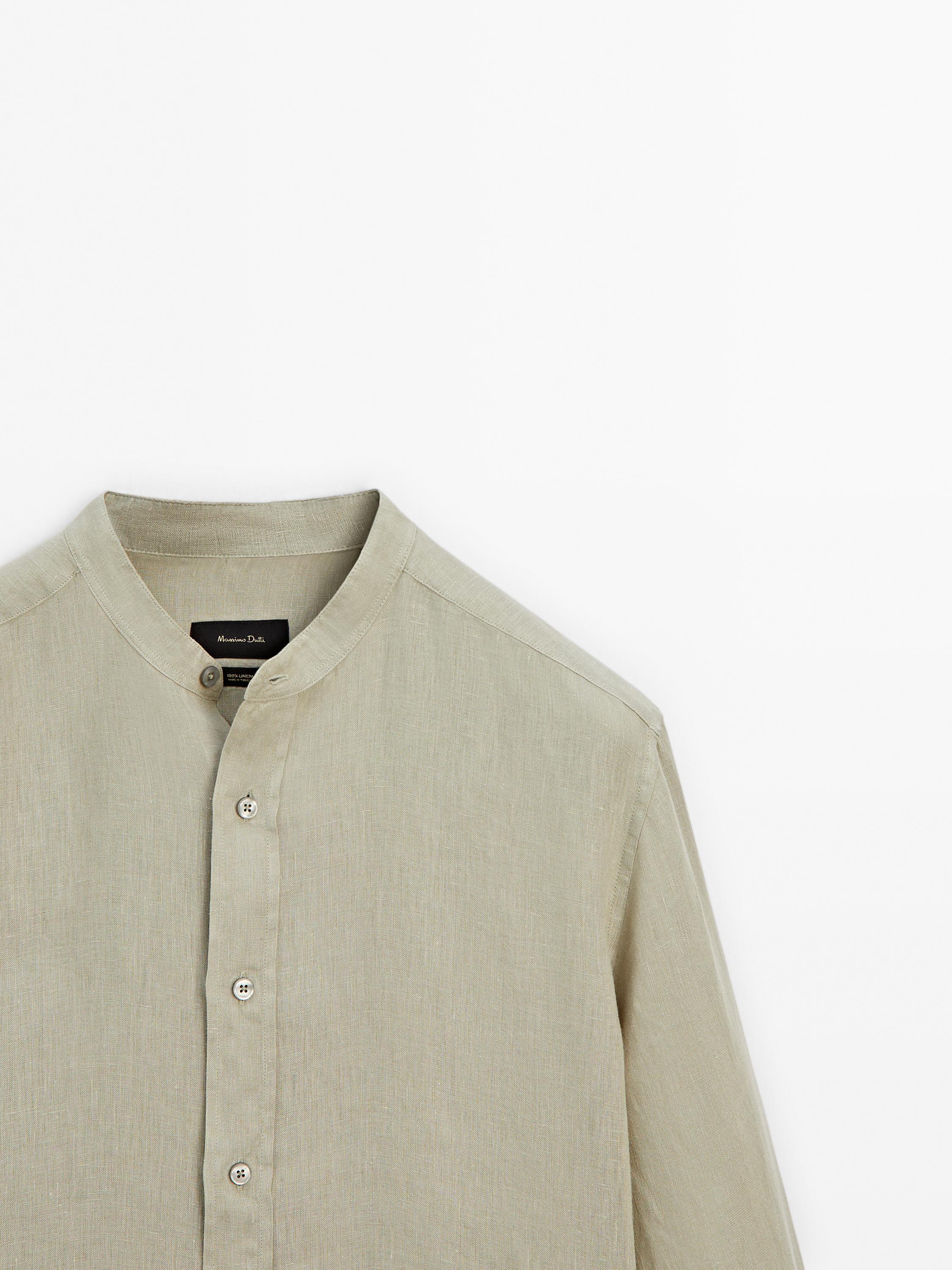 Regular-fit linen shirt with a stand collar