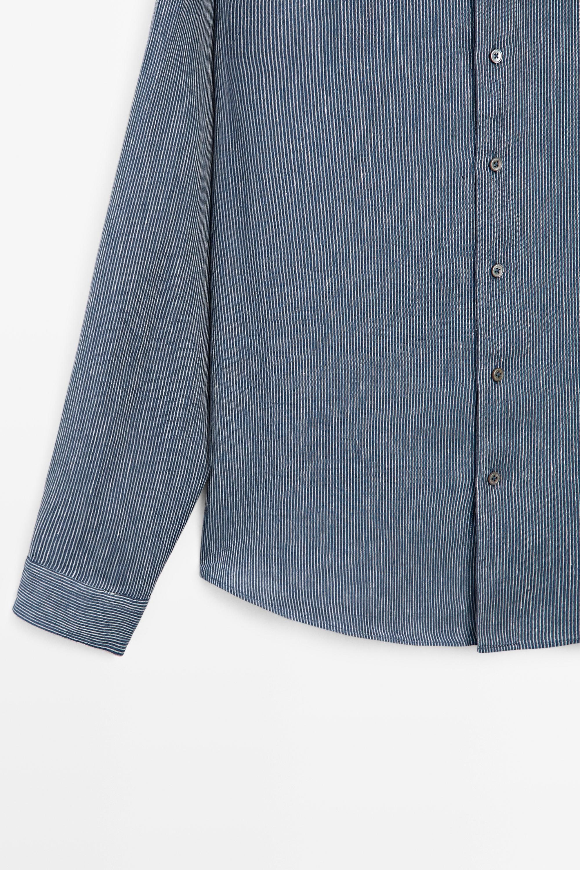 100% linen pinstriped regular fit shirt — NAVY BLUE