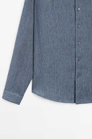 100% linen pinstriped regular fit shirt — NAVY BLUE 7
