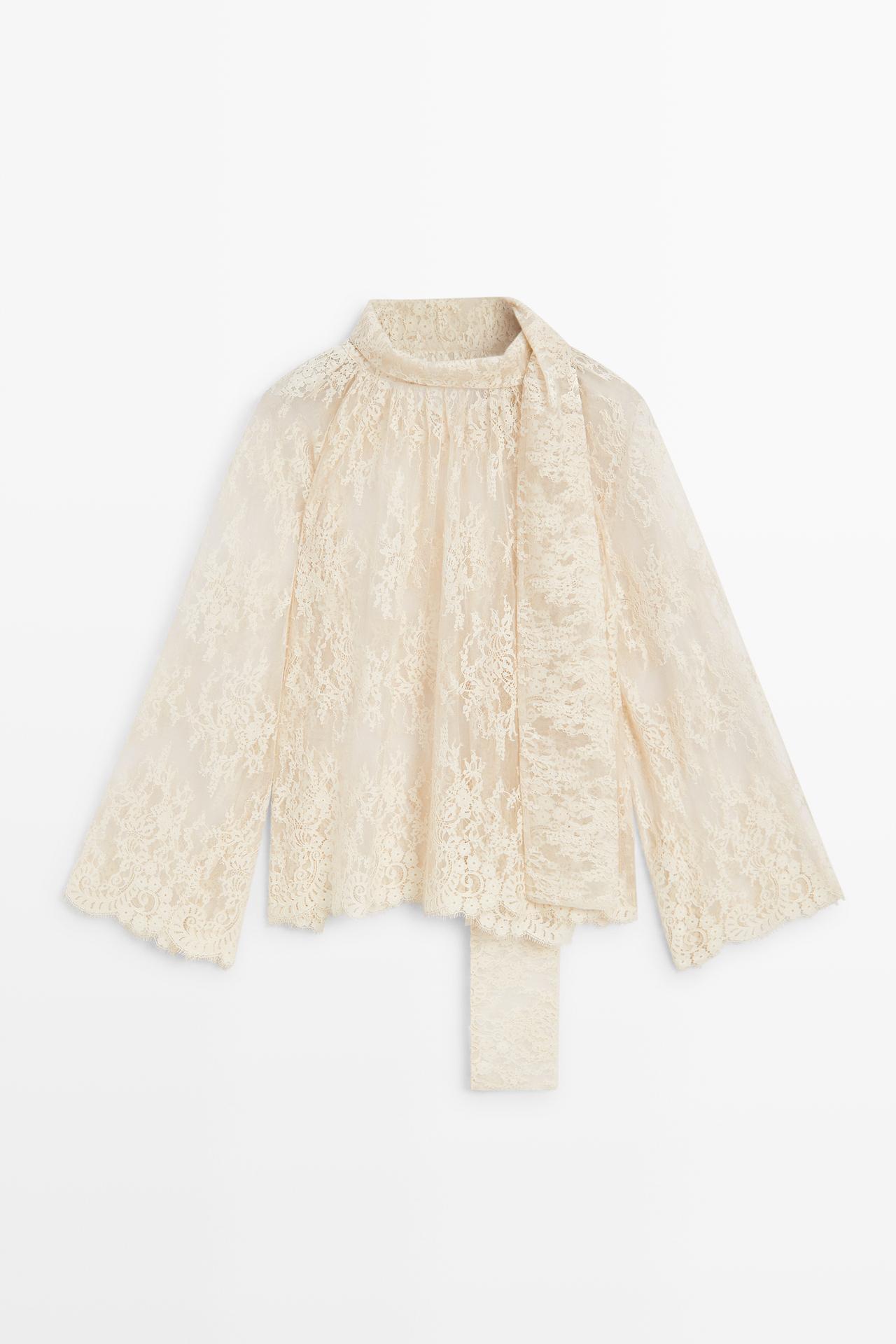 Flowing lace blouse with tie — Beige