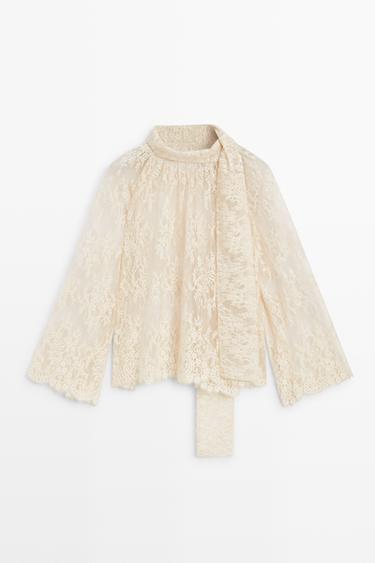 Flowing lace blouse with tie — Beige 2