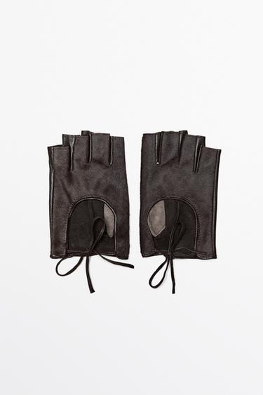 Fur-trimmed leather biker gloves — BROWN 2