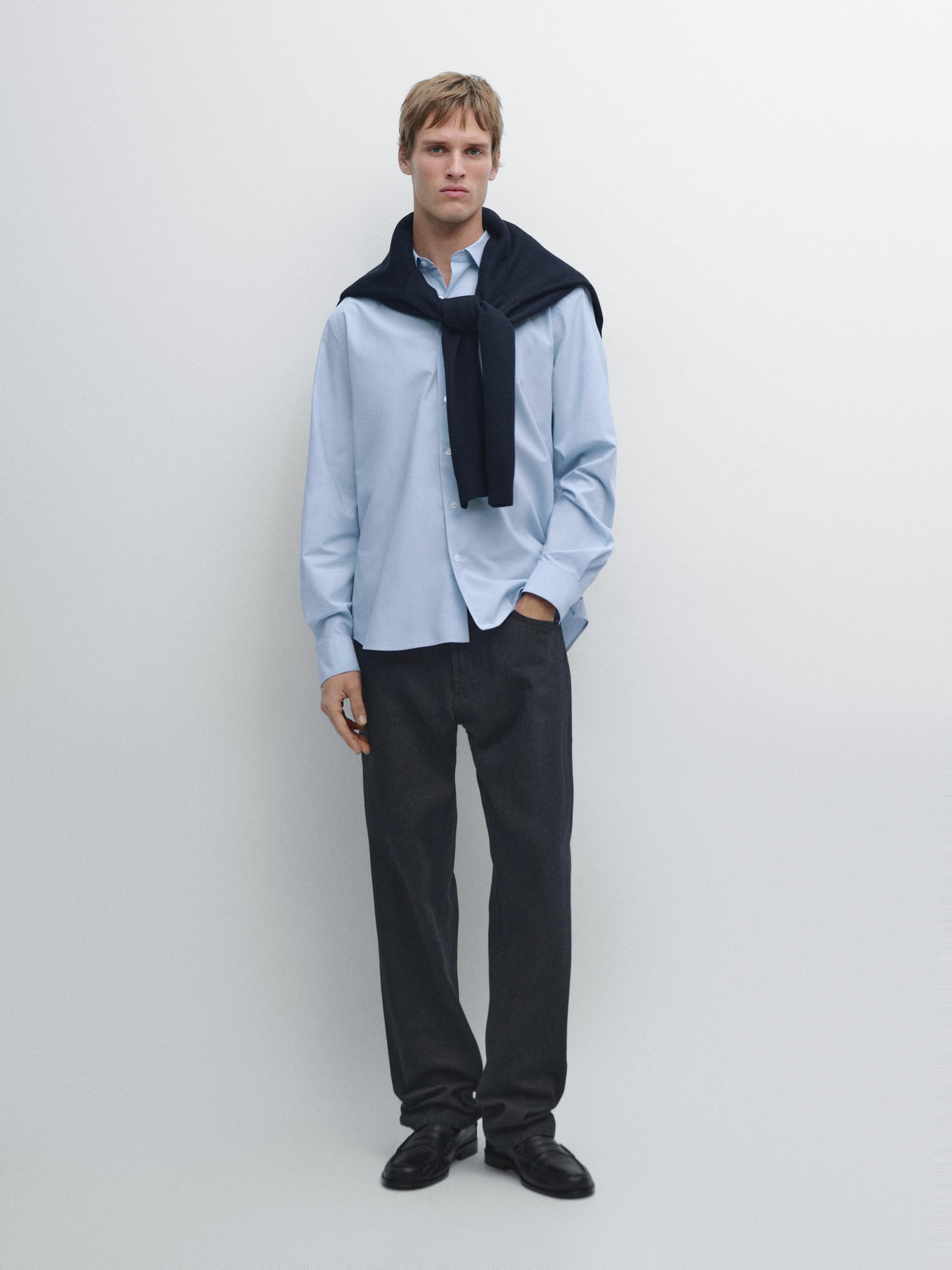 Camicia In Popeline A Righe Regular Fit - Azzurro Medio - S - Massimo Dutti - Maschile