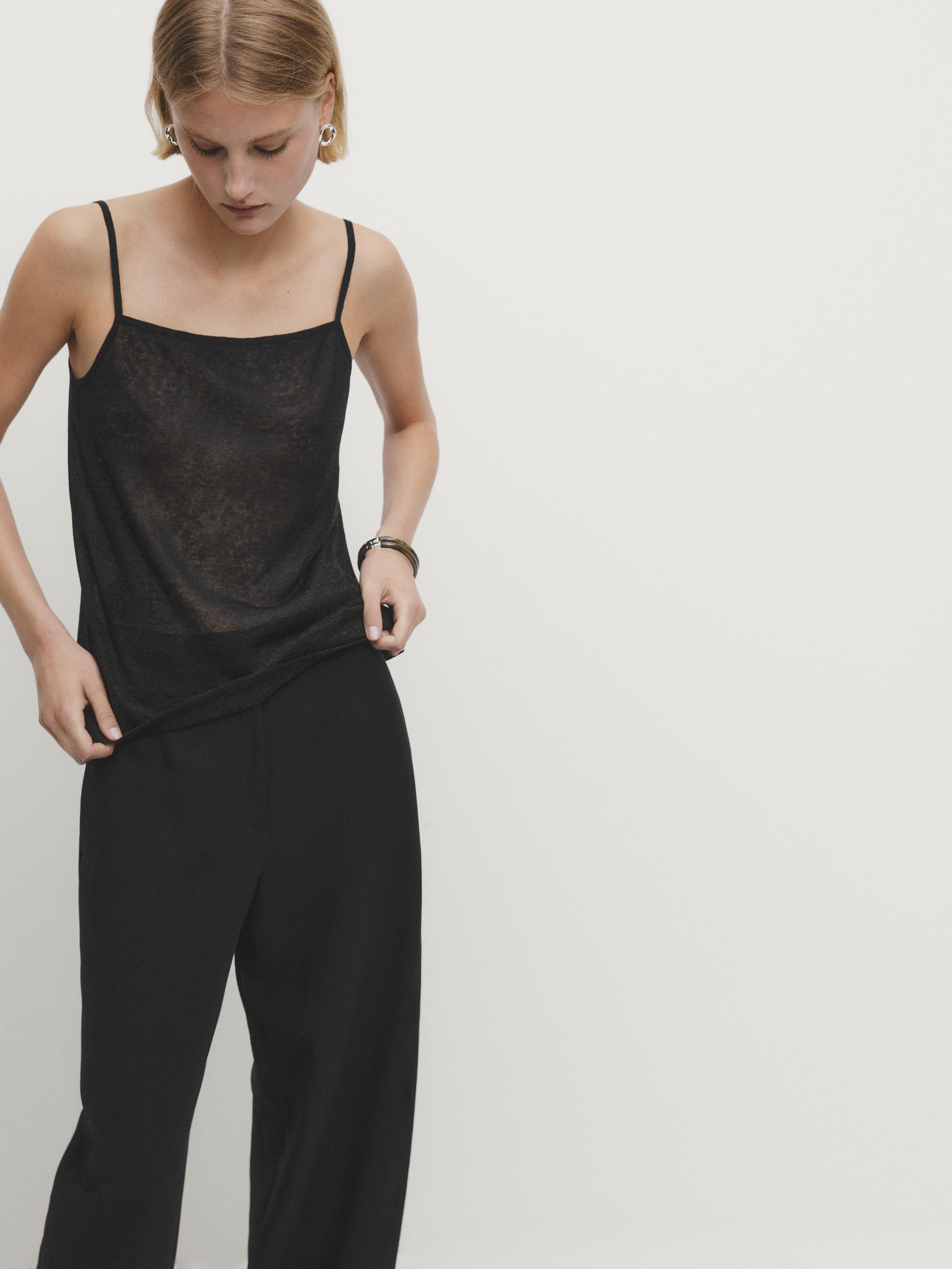 Strappy linen blend top with straight neckline