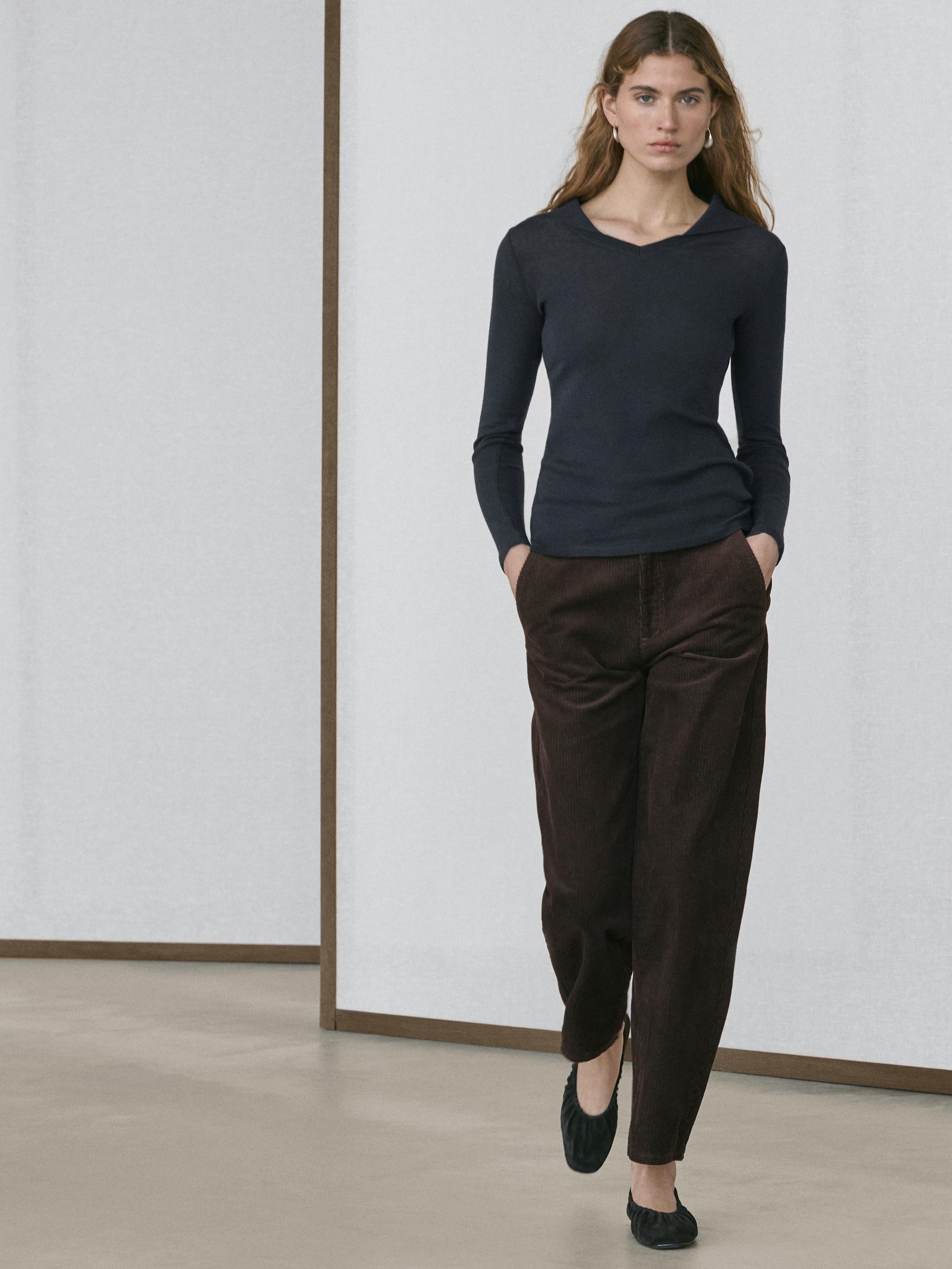 Long sleeve knit V-neck polo shirt — NAVY BLUE