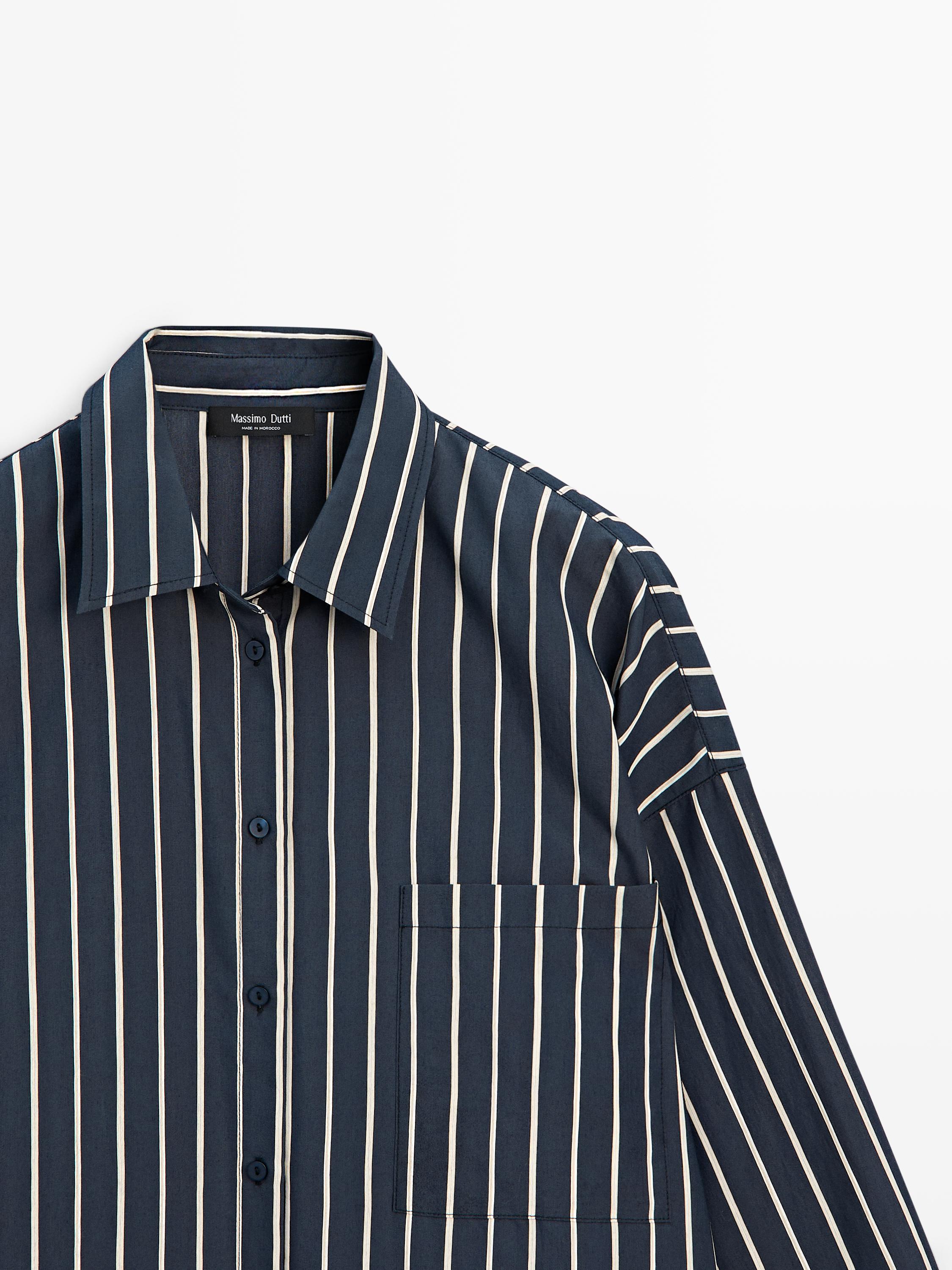 Striped flowing shirt with pocket detail — NAVY BLUE