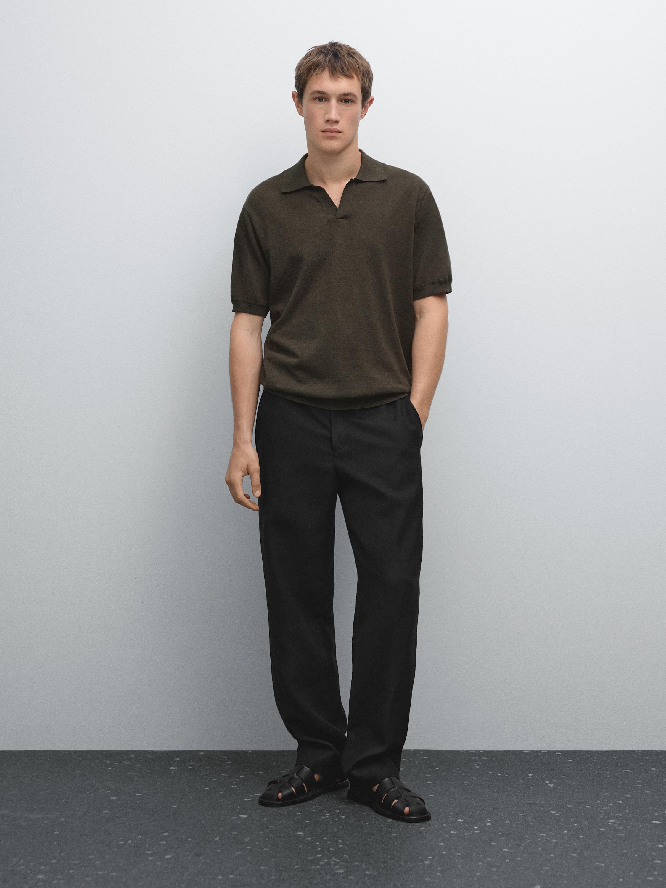 Linen blend knit V-neck polo shirt