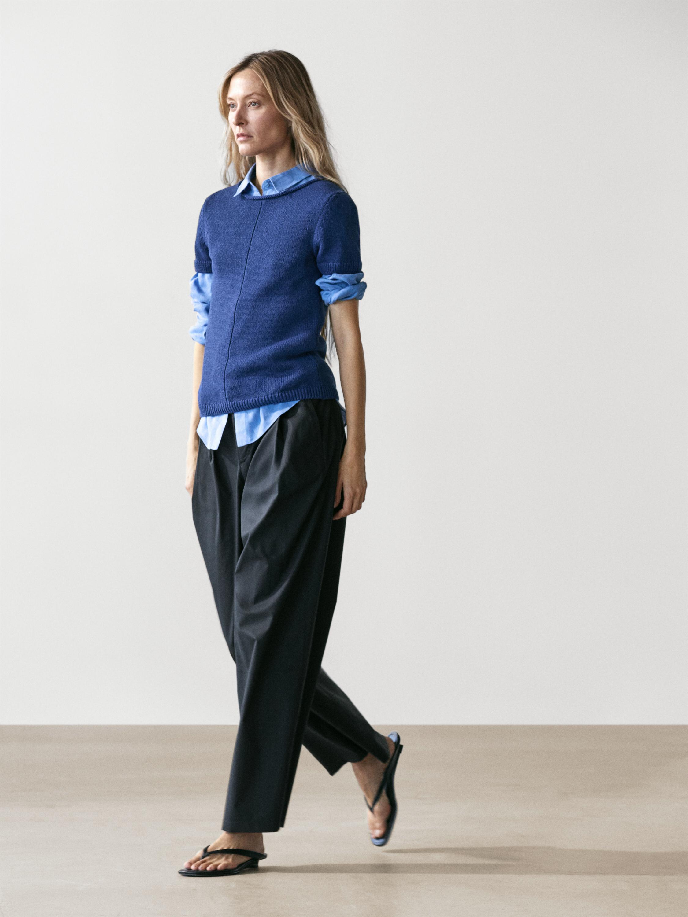 Short sleeve knit cotton blend sweater — DEEP BLUE