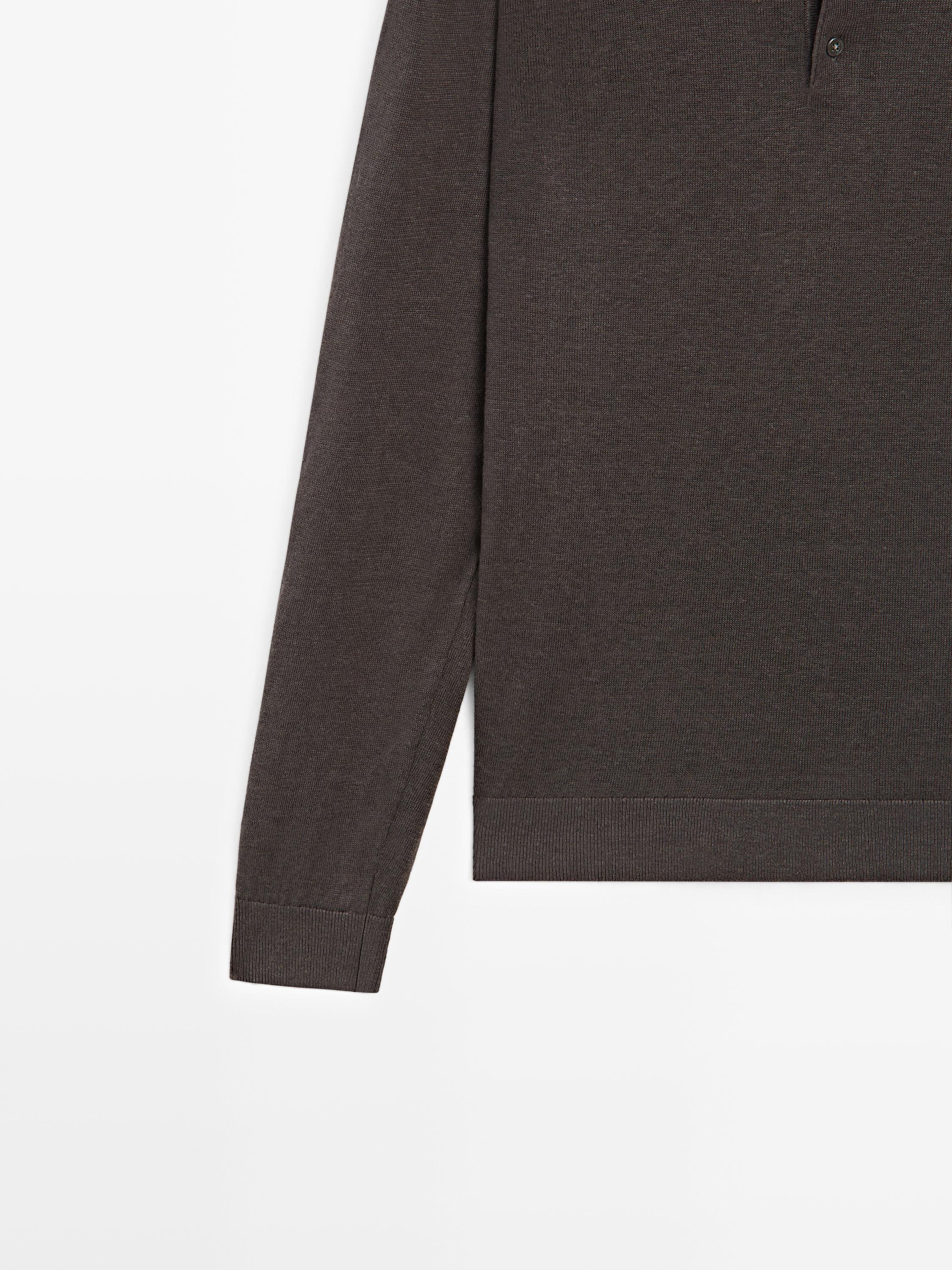 100% linen knit polo collar sweater — DARK BOTTLE GREEN