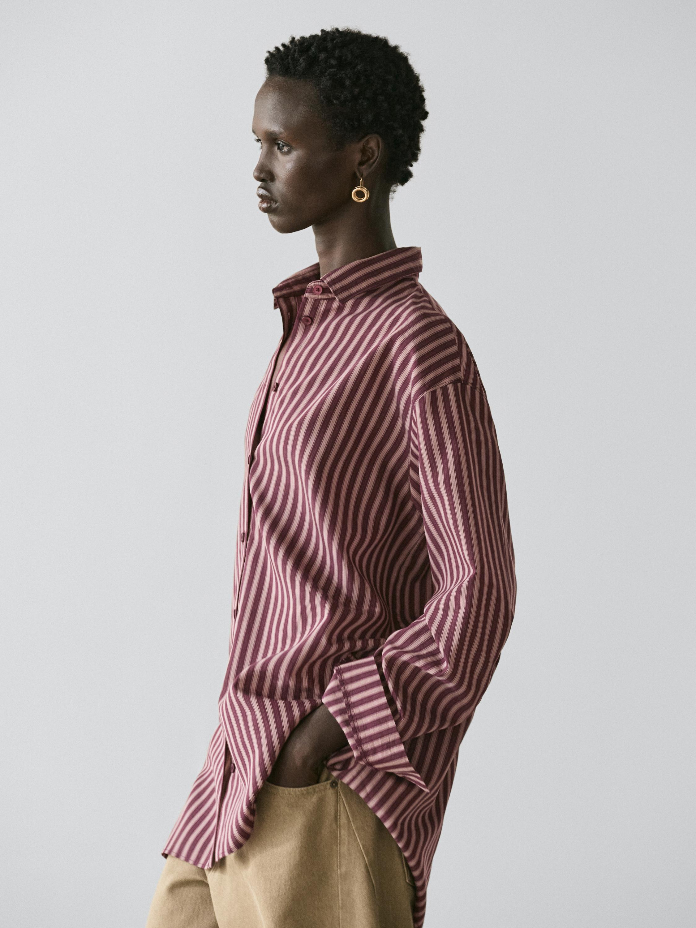 Flowing shirt with striped detailing — BROWN