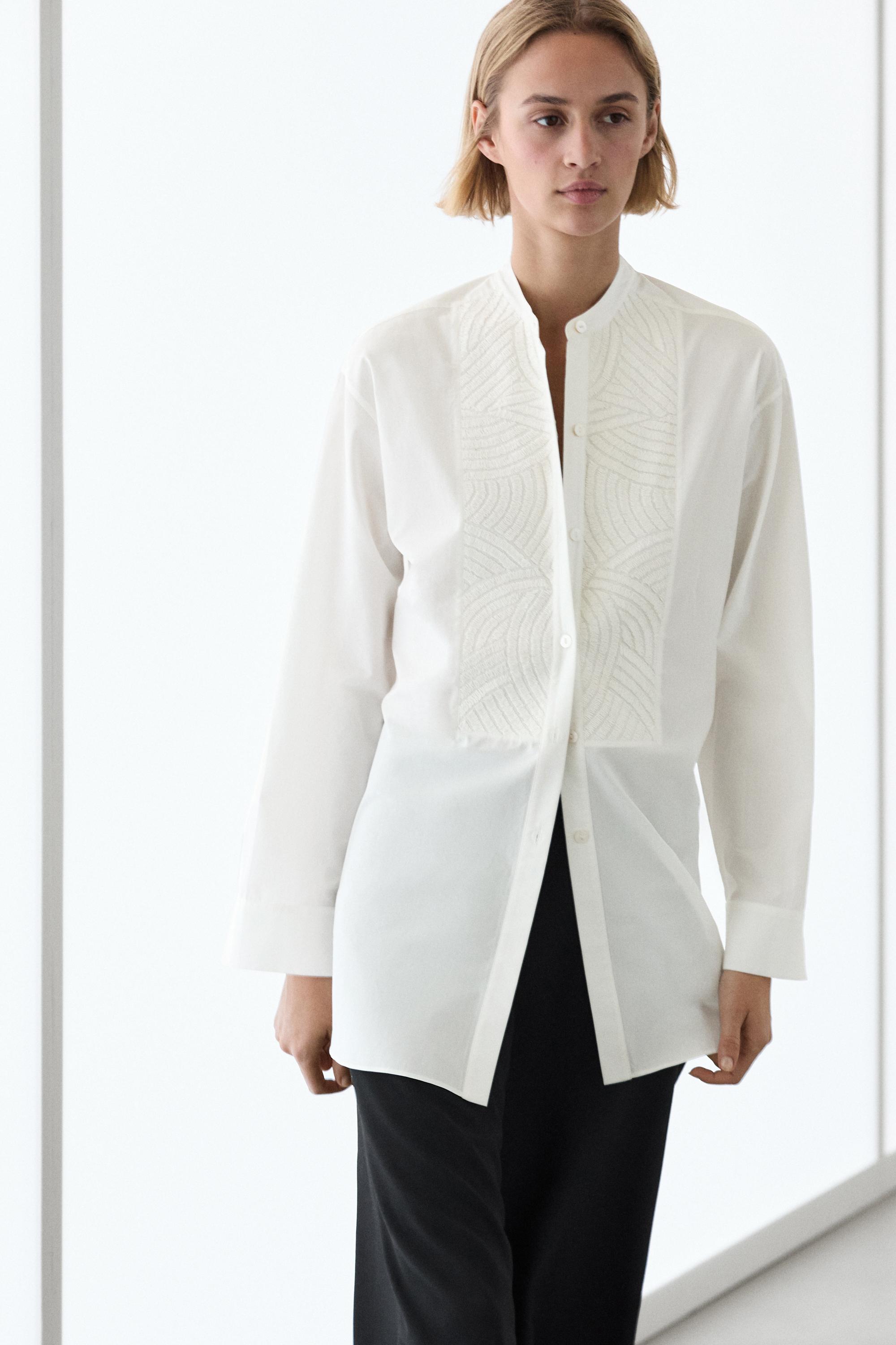 100% cotton poplin shirt with embroidered bib — WHITE