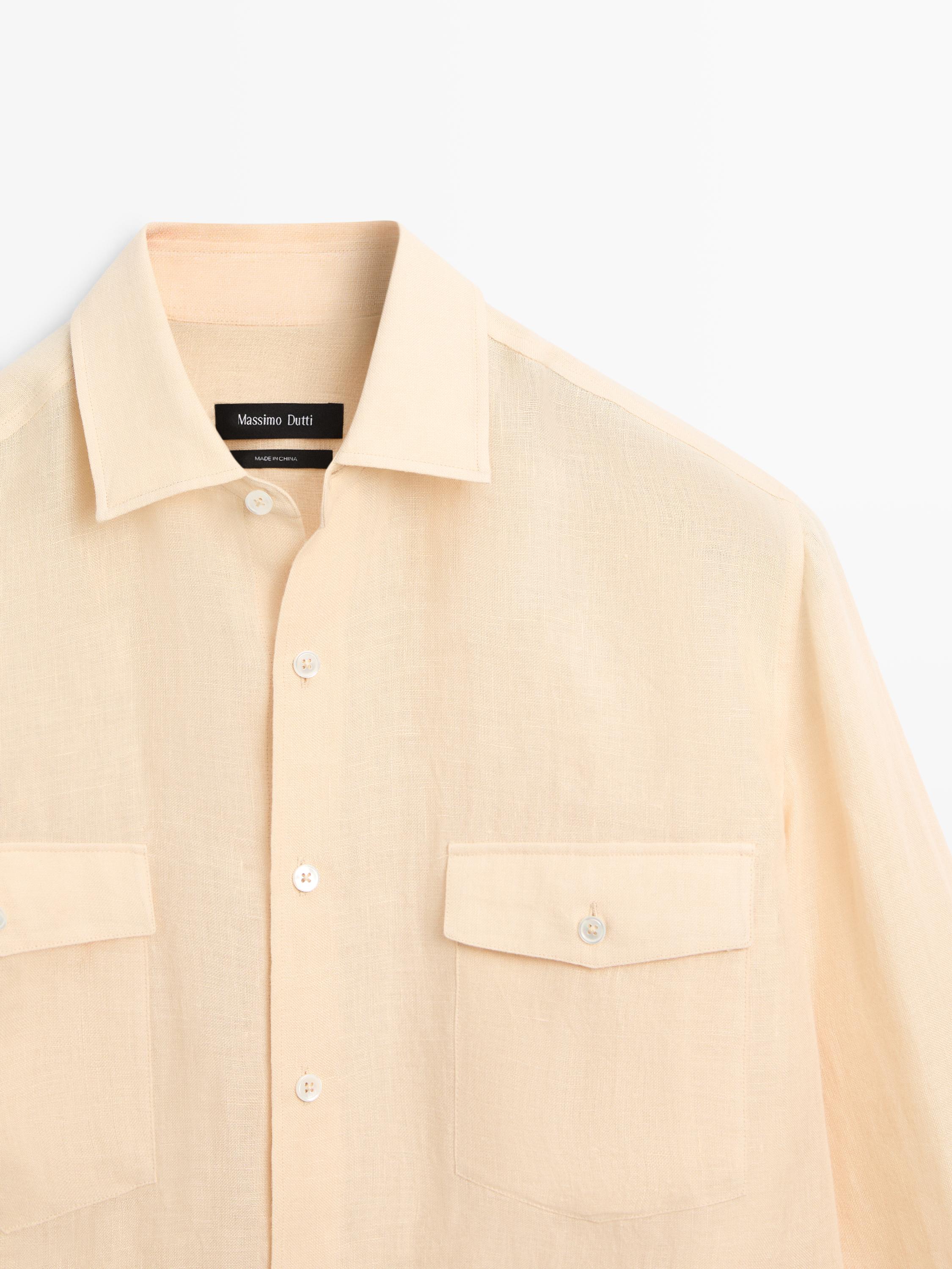 Regular fit 100% linen shirt with pockets — YELLOW