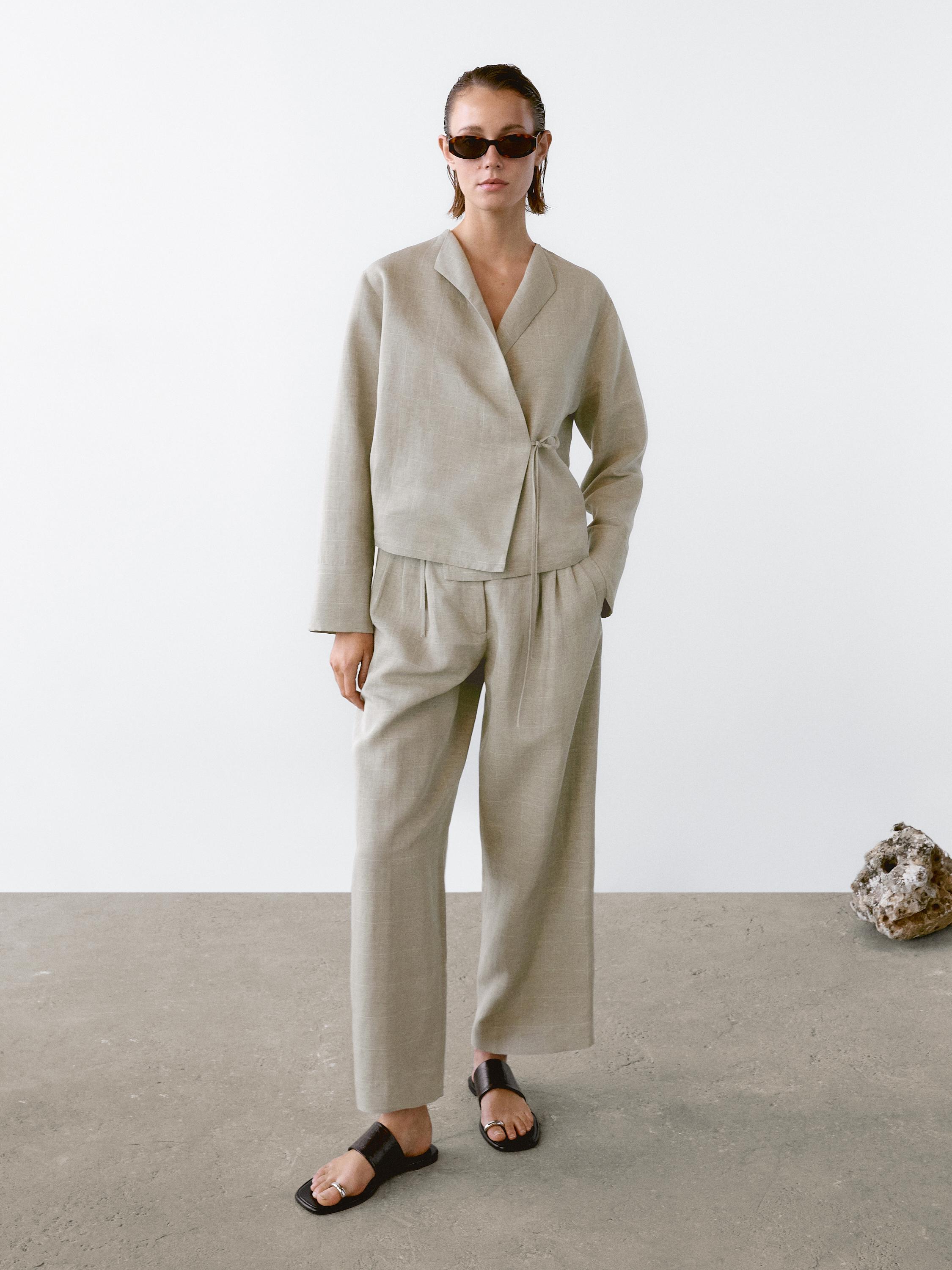 Linen blend check print trousers