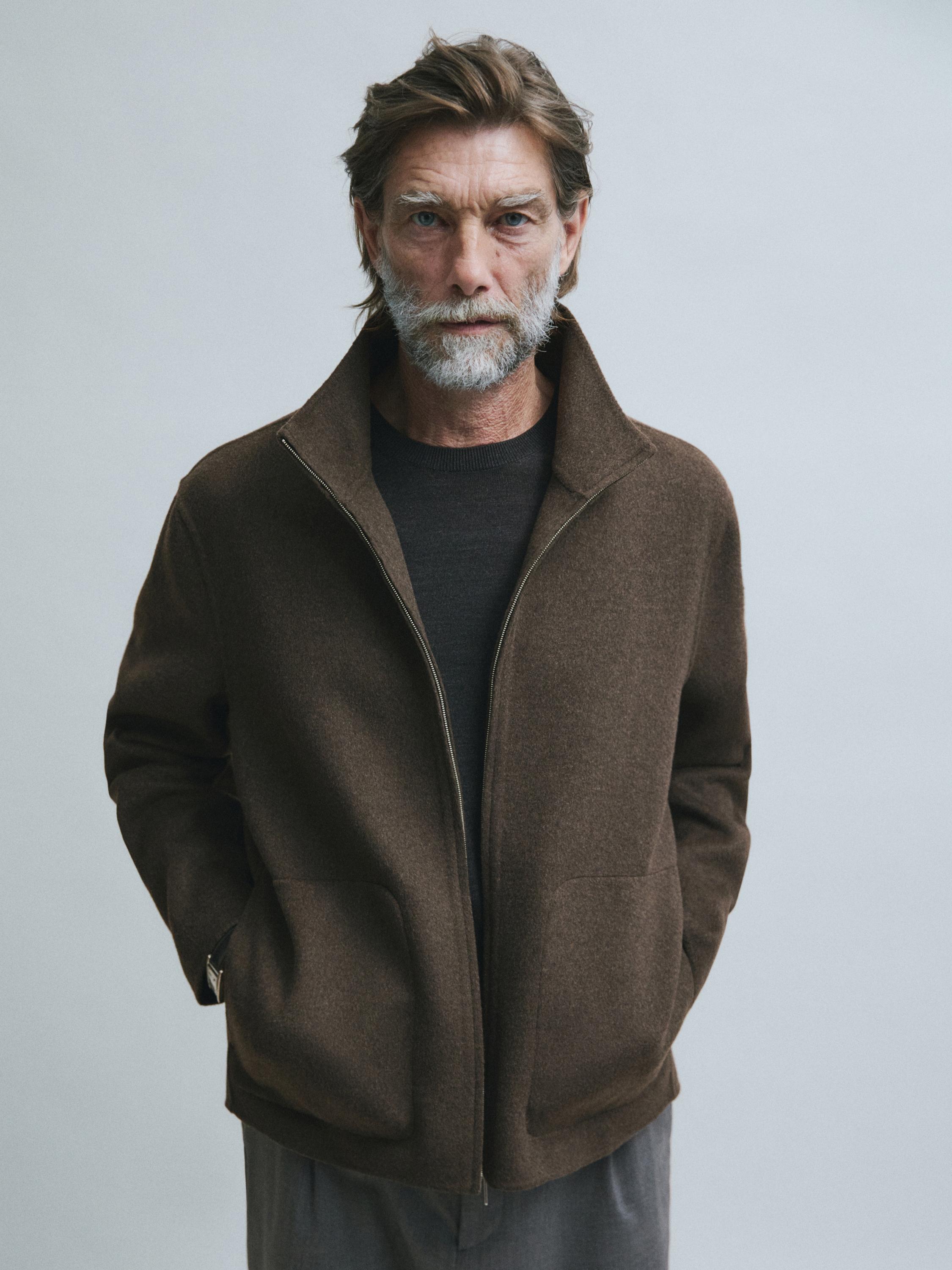 Wool blend double fabric high neck jacket — BROWN