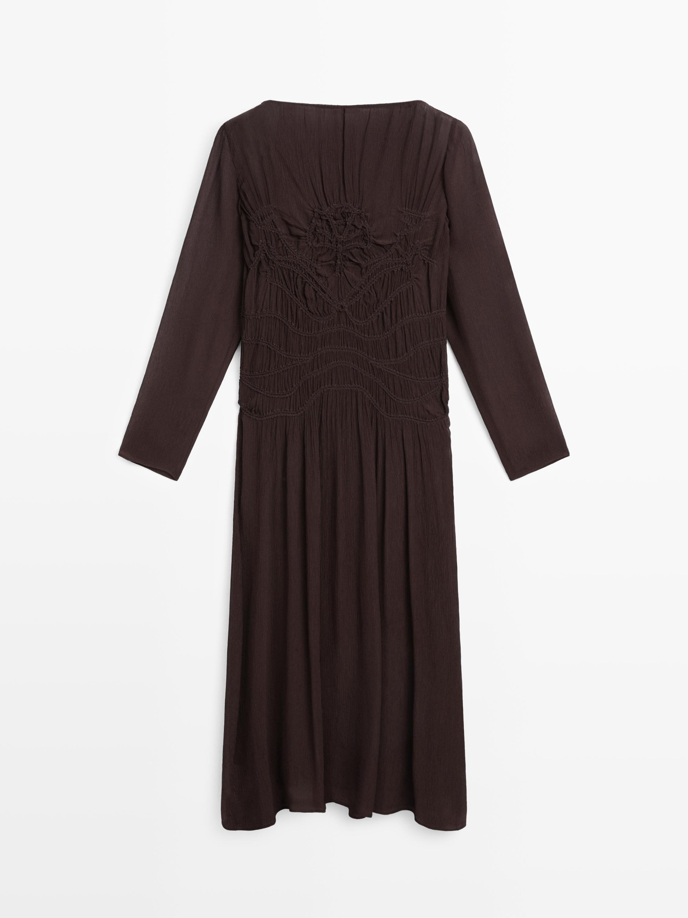 Flowing midi dress with gathered detail — BROWN