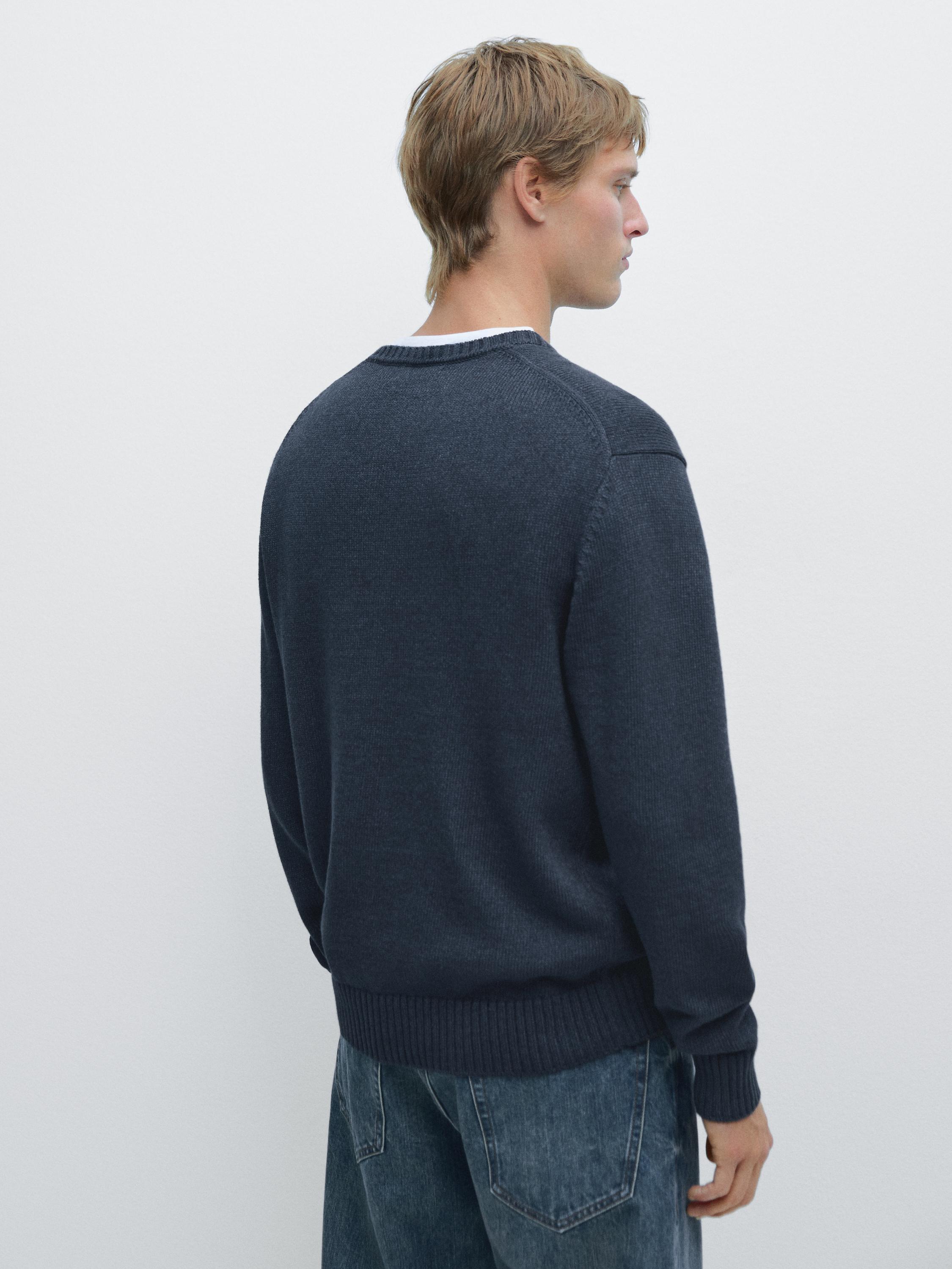 Denim-effect crew neck knit sweater — NAVY BLUE