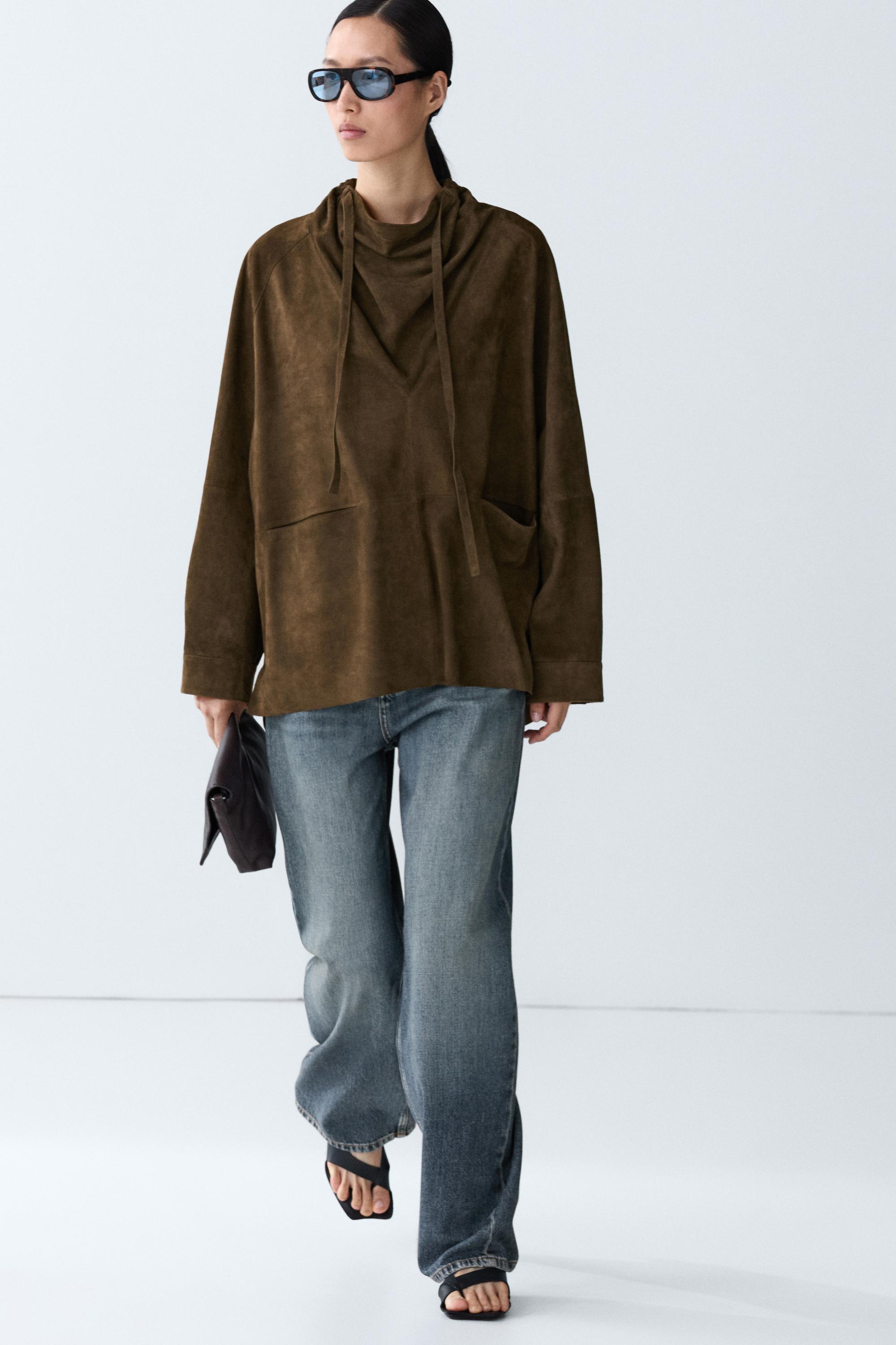 High-neck suede shirt — KHAKI