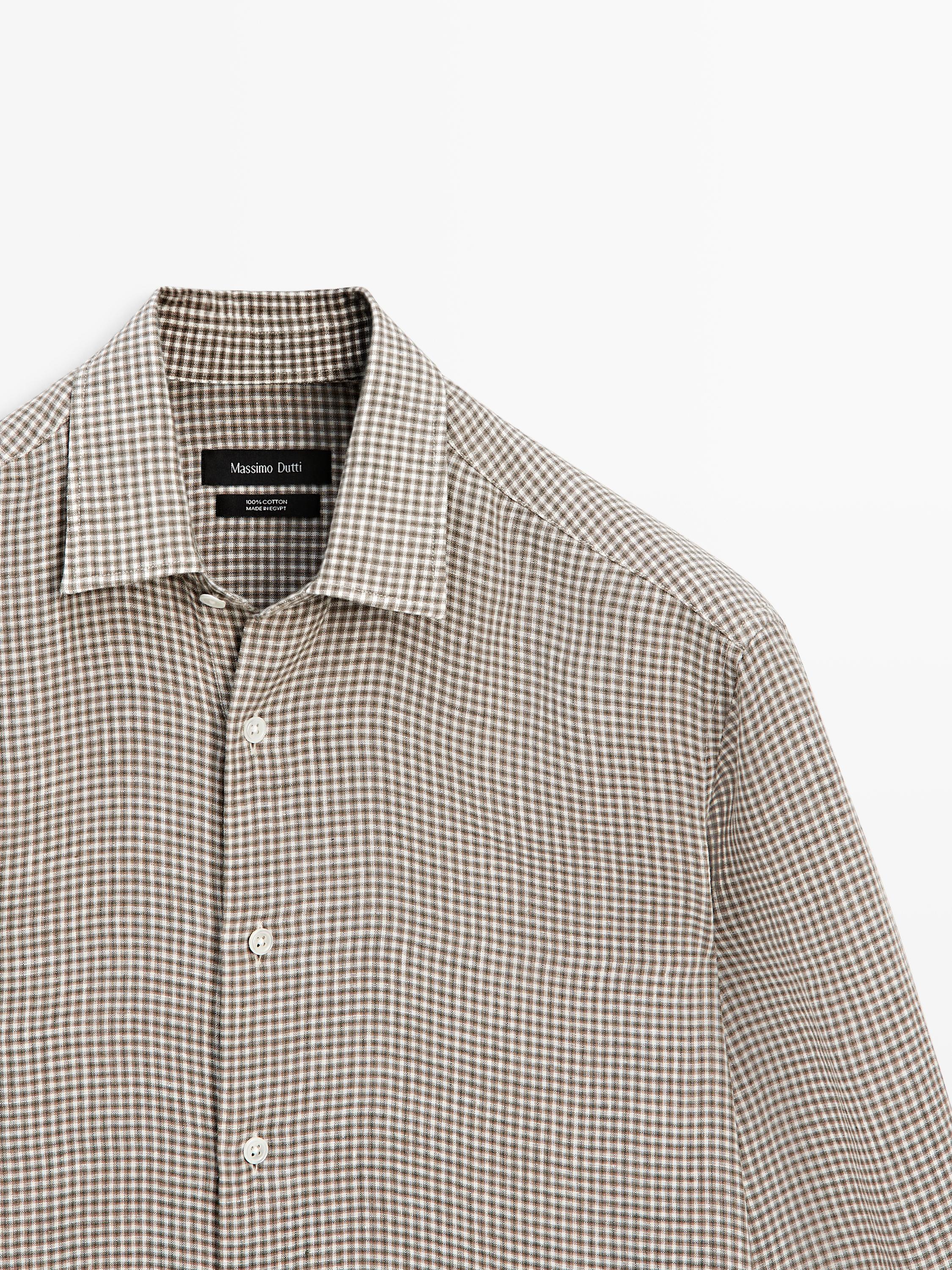 100% linen regular fit check shirt — BROWN