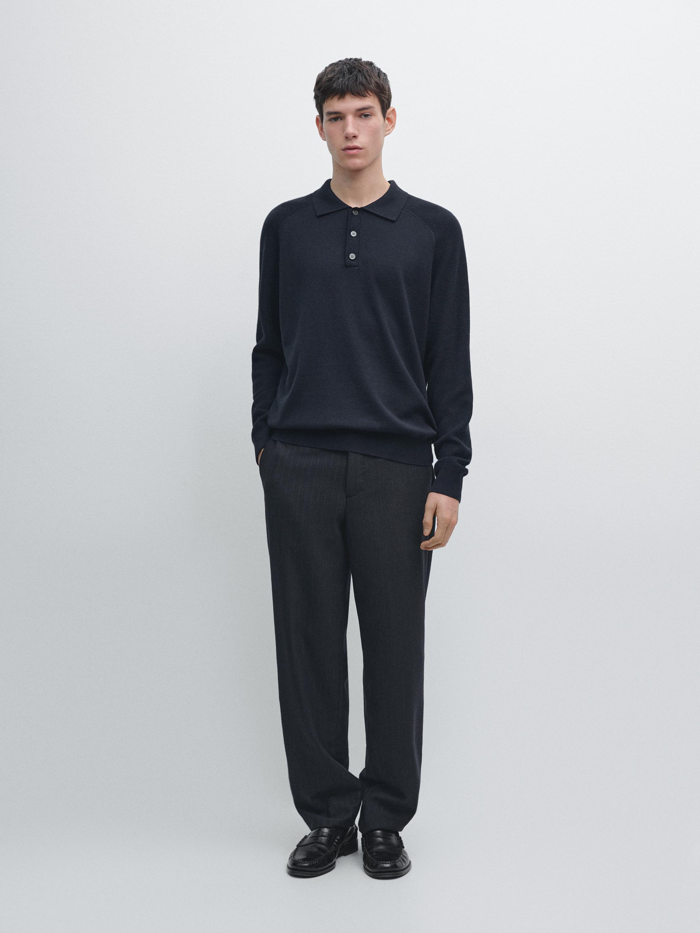 Cotton blend knit polo sweater — NAVY BLUE