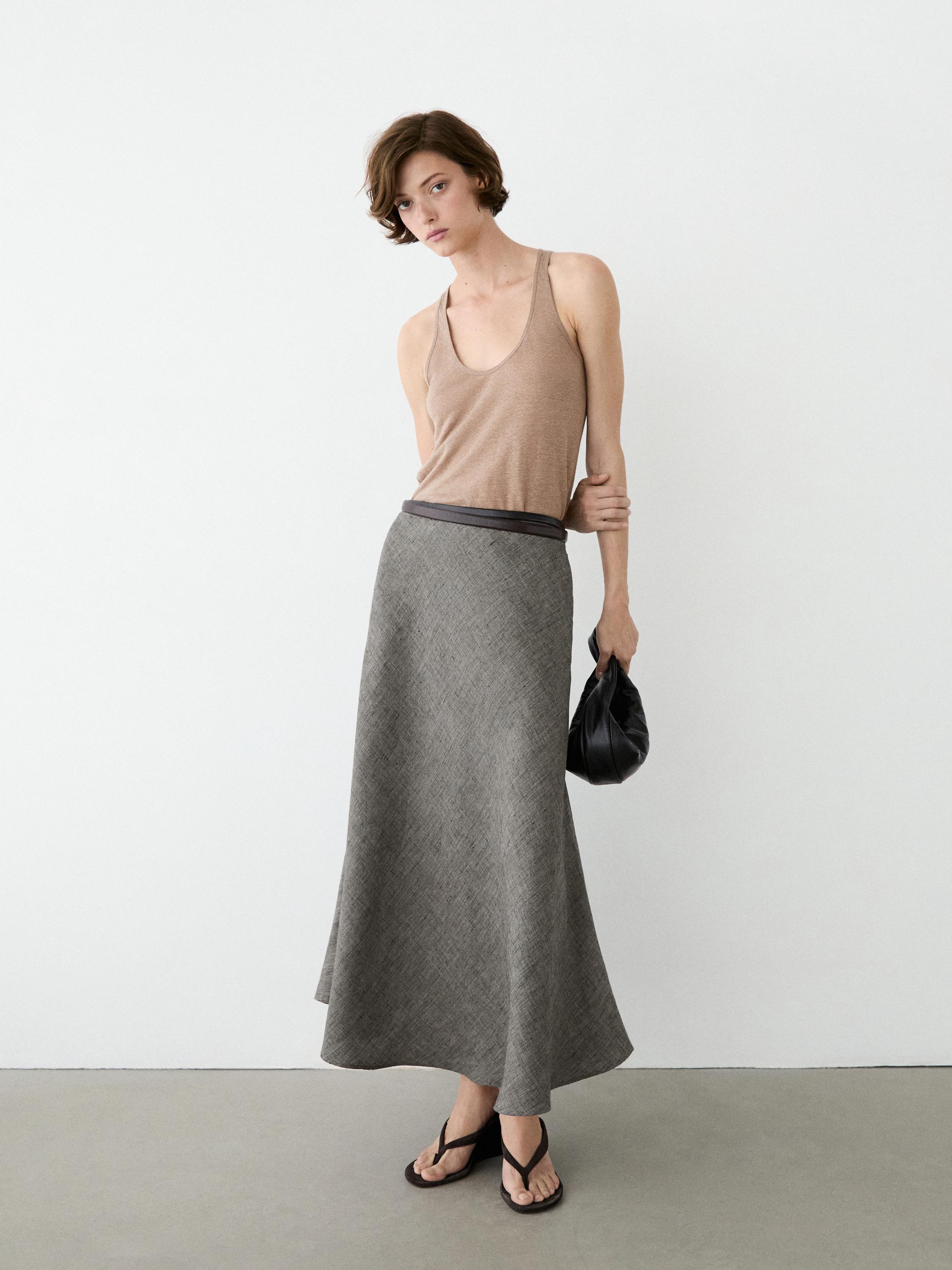Linen flared midi skirt — BLACK