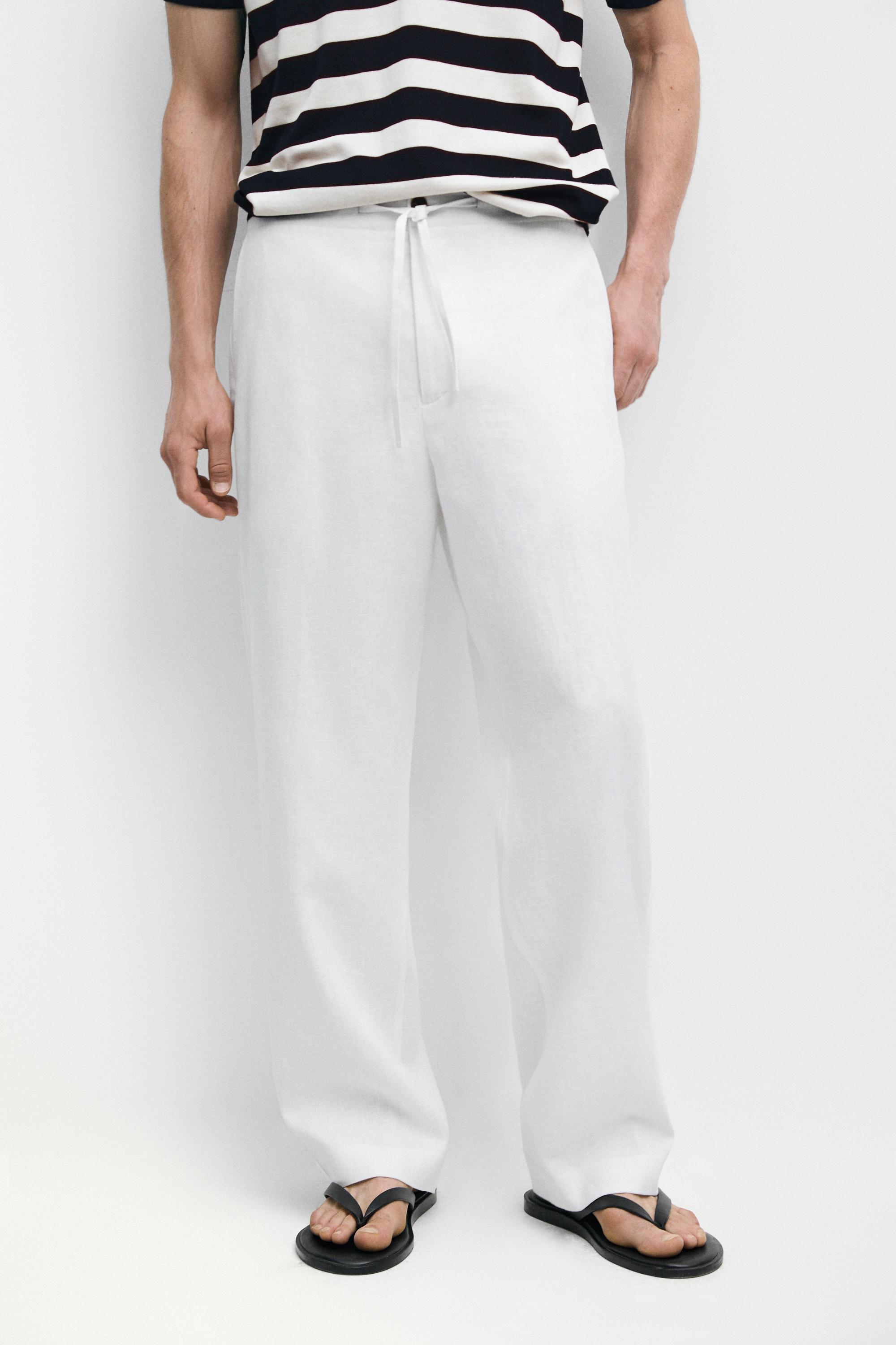 100% linen jogger-fit pants — WHITE