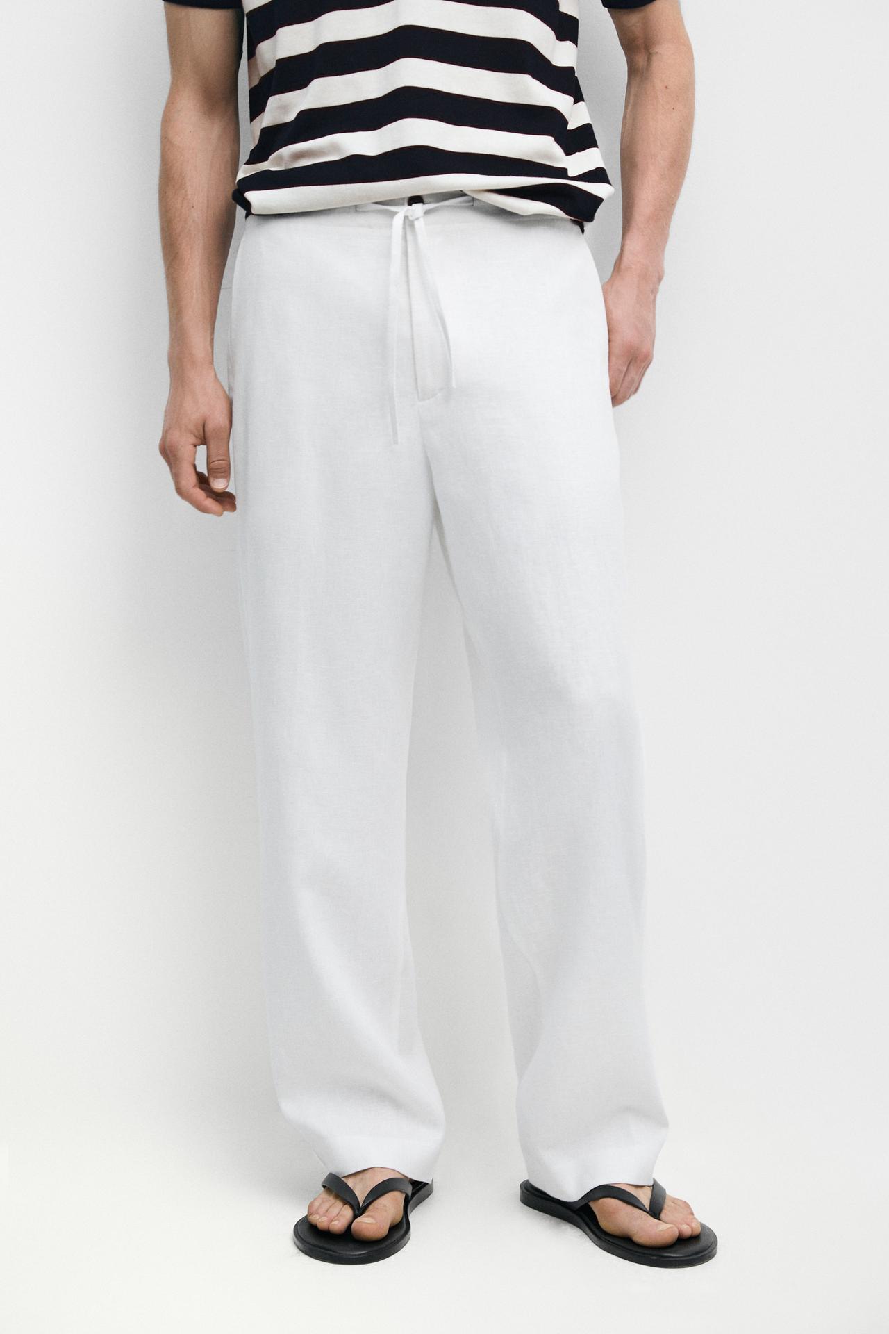 100% linen jogger-fit pants — WHITE