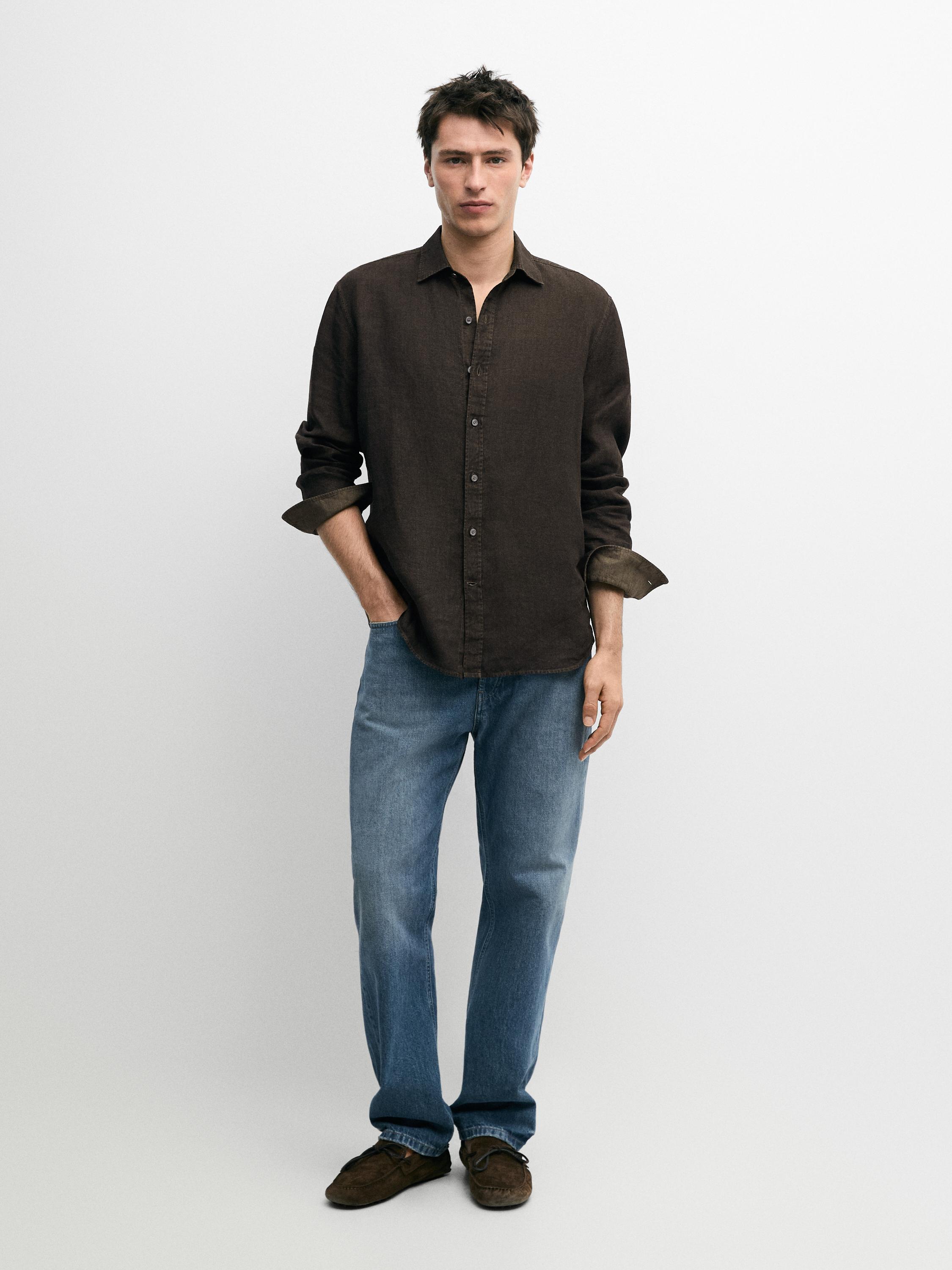 100% linen regular fit shirt — Khaki