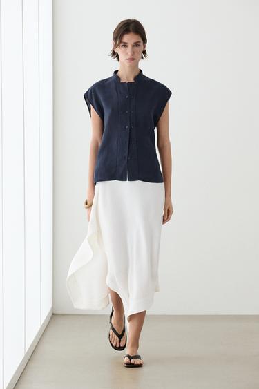 Flowing 100% linen shirt with button detail — DARK NAVY 1