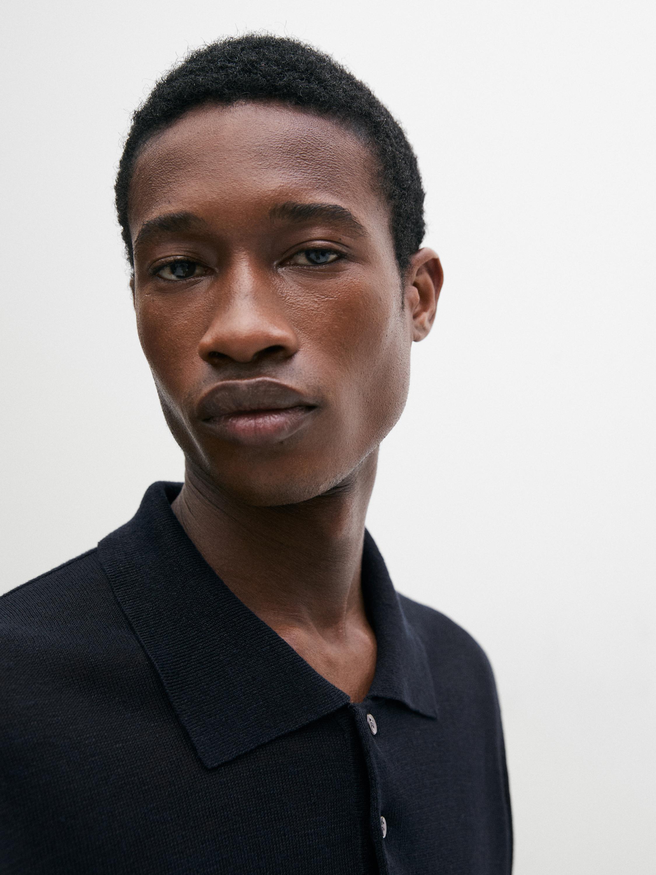 Linen knit polo sweater — NAVY BLUE