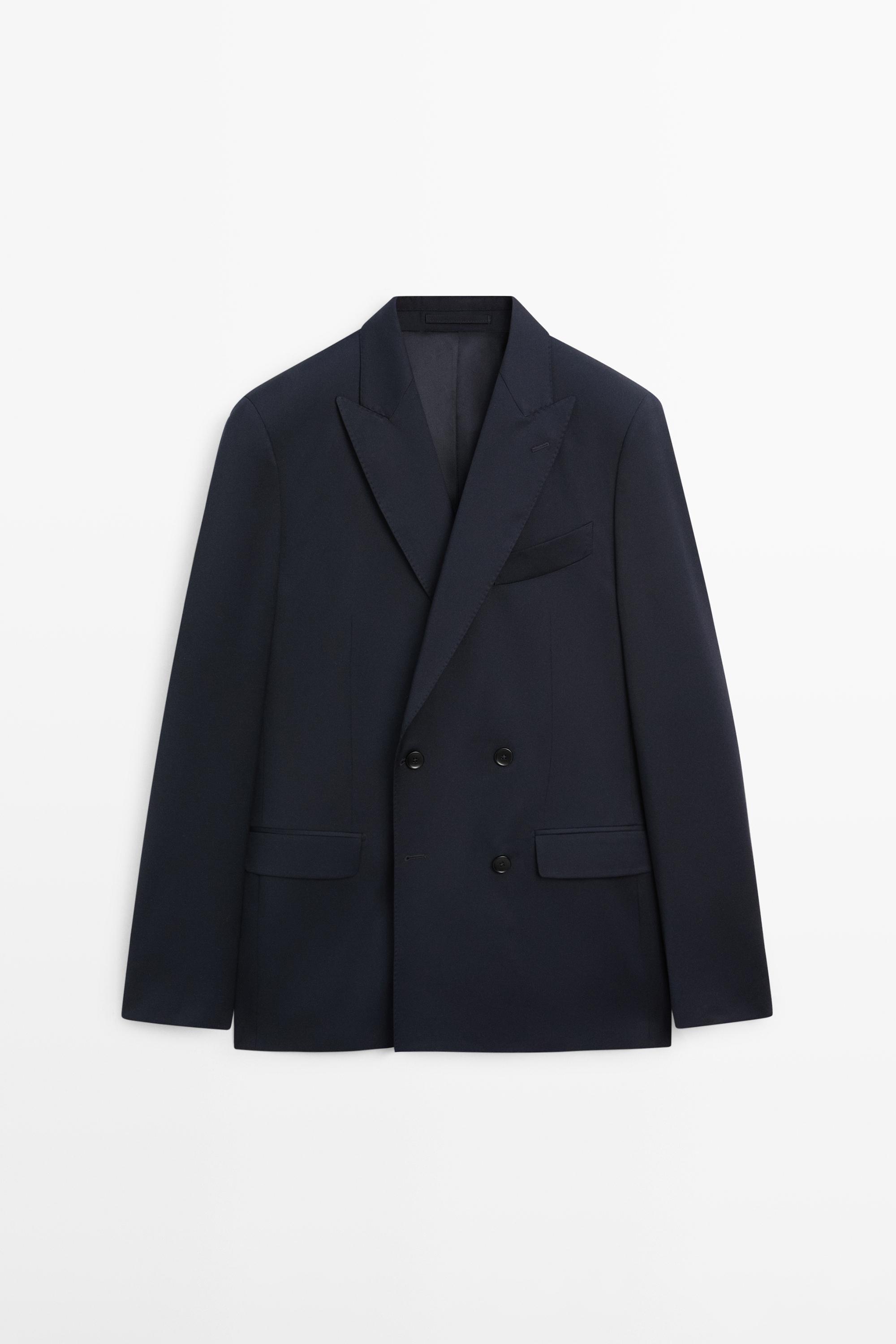 100% cool wool double-breasted suit blazer — NAVY BLUE