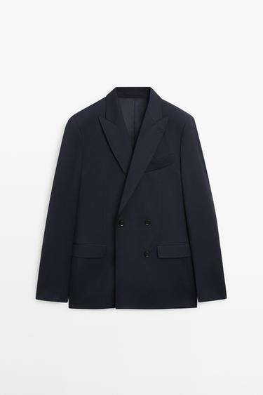 100% cool wool double-breasted suit blazer — NAVY BLUE 2