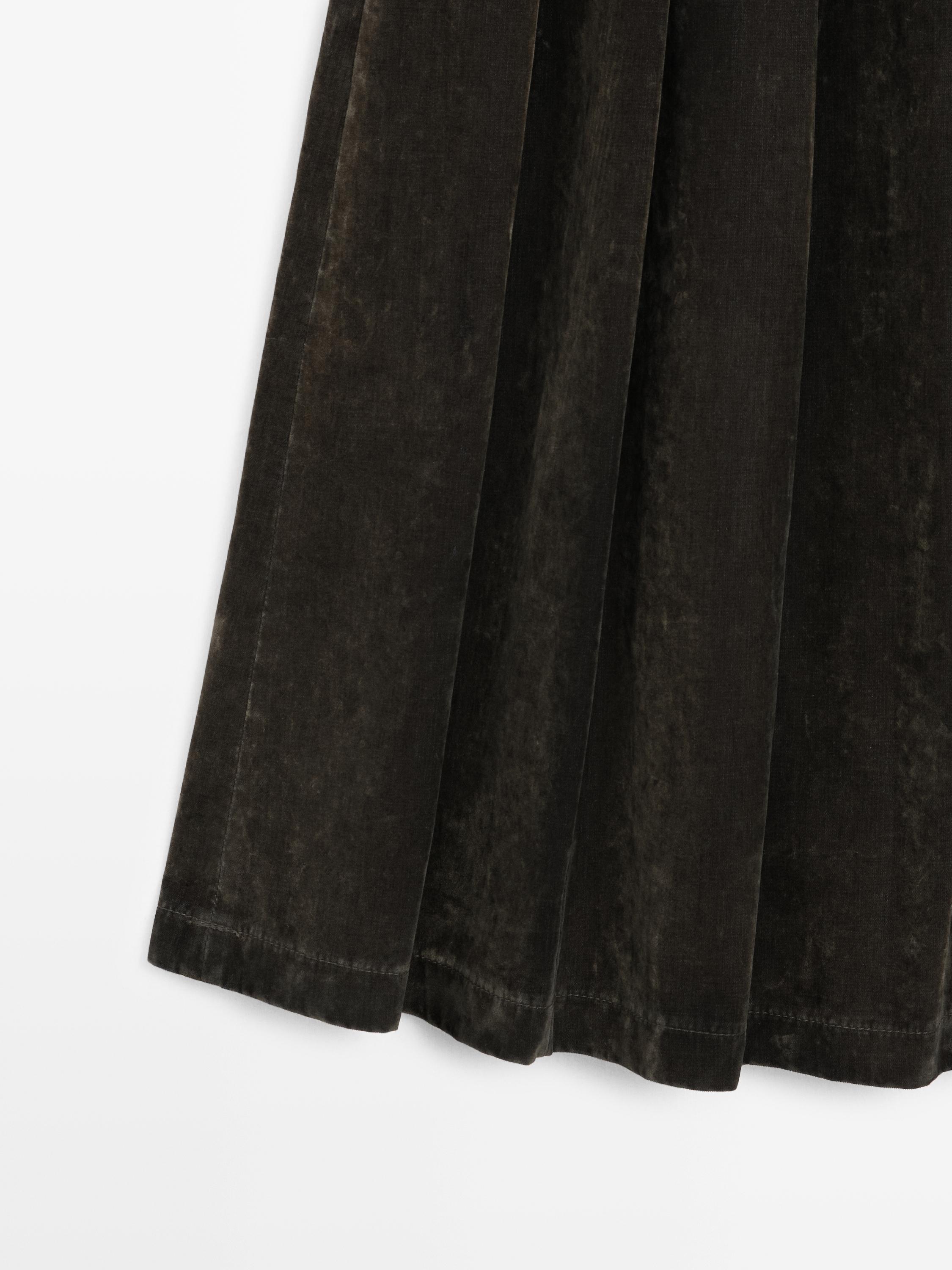 Flocked denim midi skirt with box pleats — KHAKI