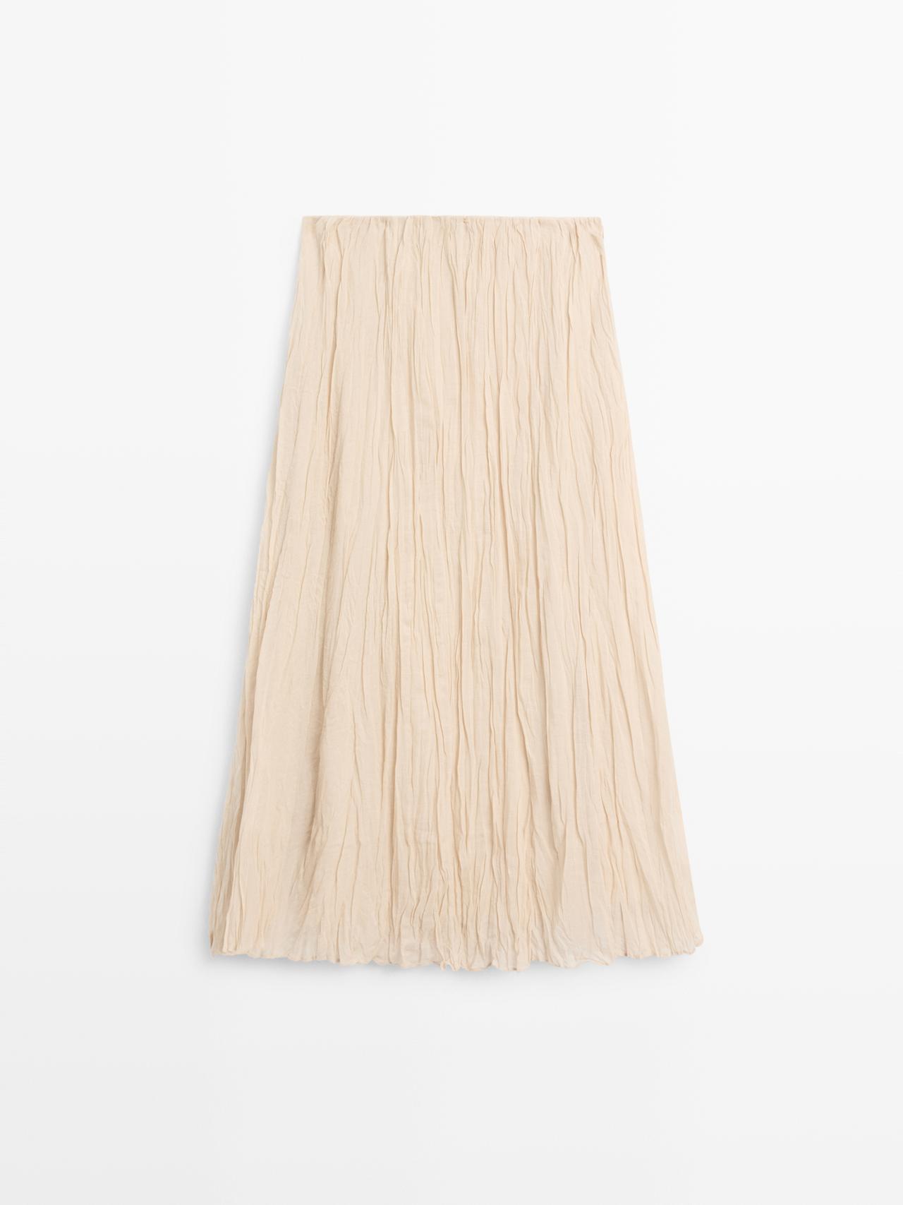 Massimo Dutti - Dame - Midinederdel Med Blødt Fald Og Plisseringer - Råhvid - 34