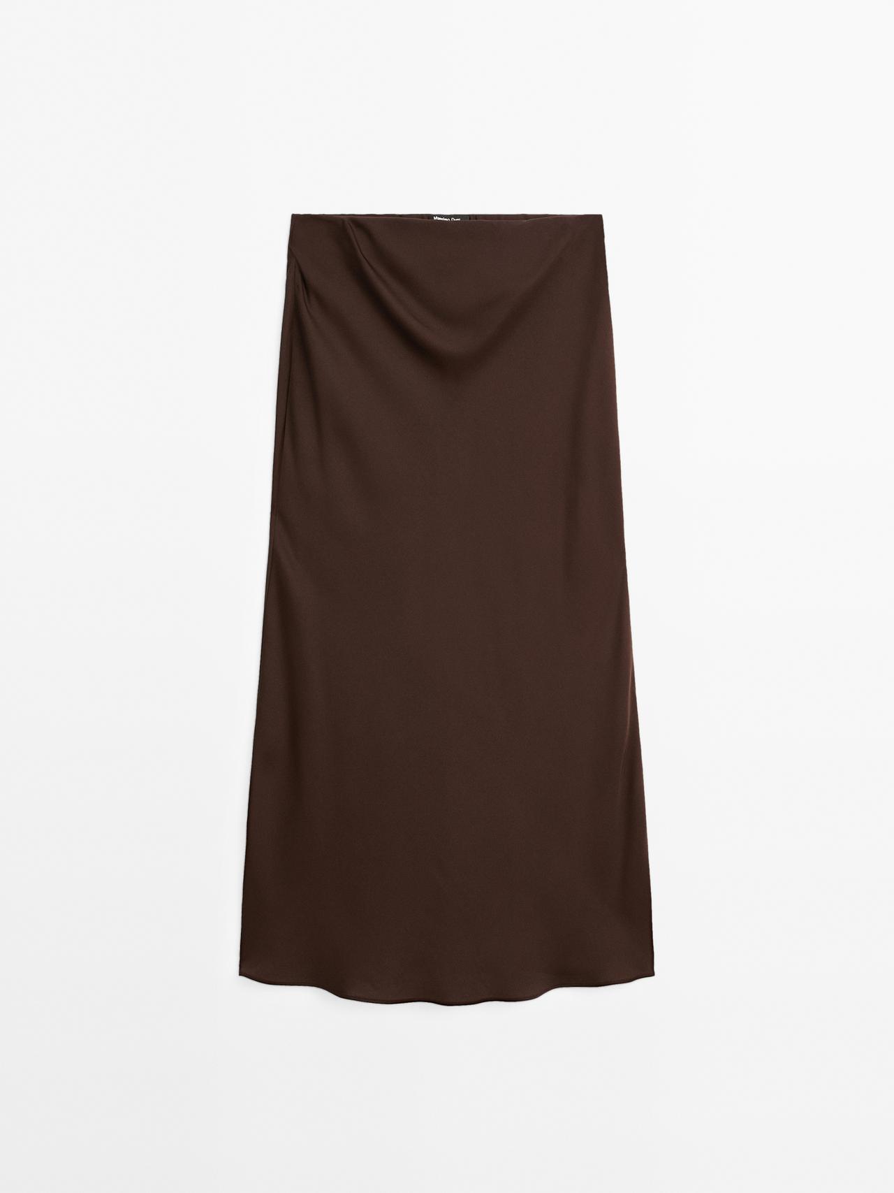 Massimo Dutti - Dames - Soepelvallende Satijnen Halflange Rok - Chocolade - M
