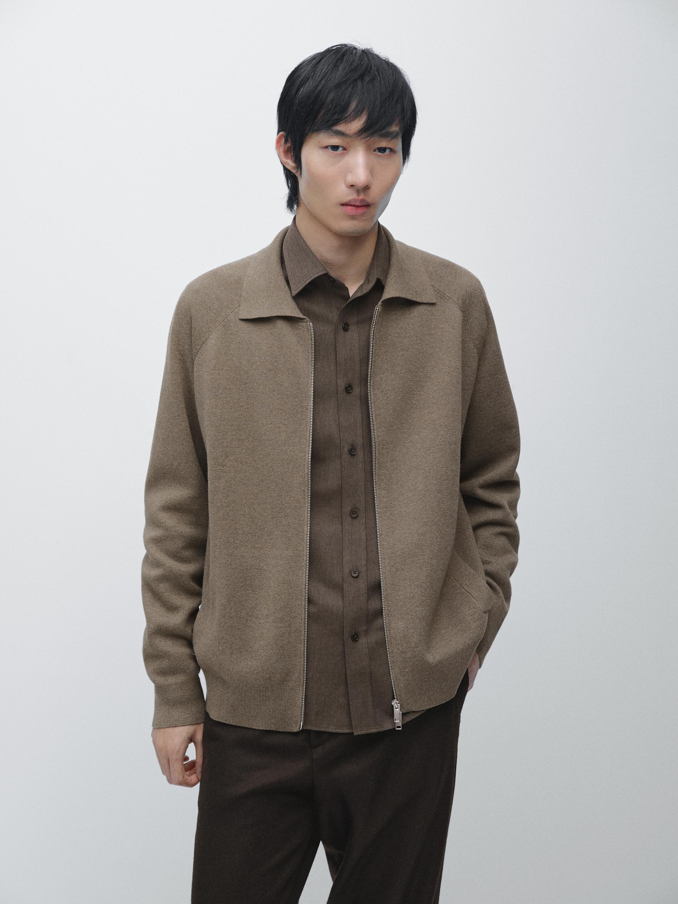 Cotton blend zip-up knit cardigan