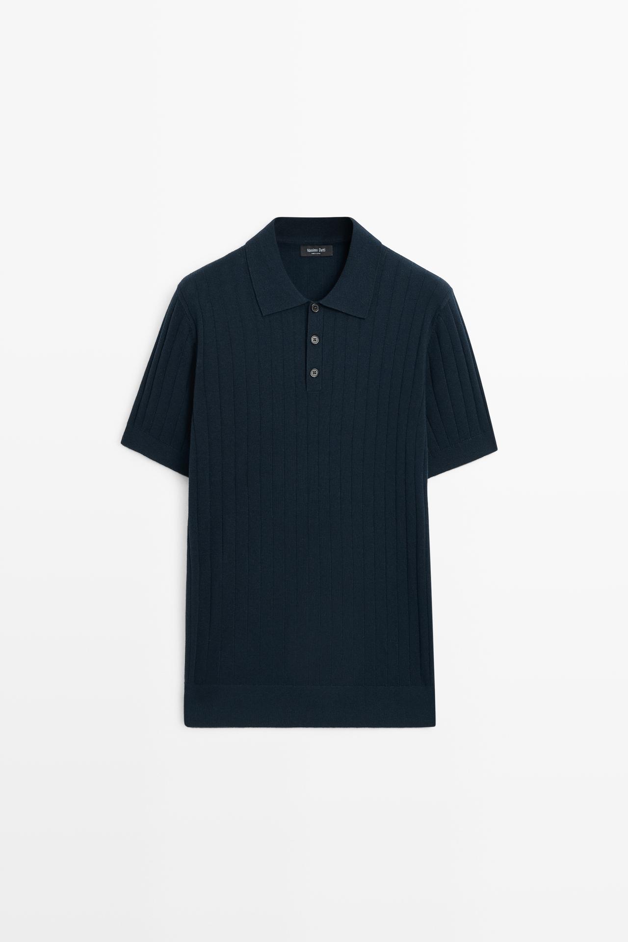 Ribbed knit cotton blend polo shirt — NAVY BLUE