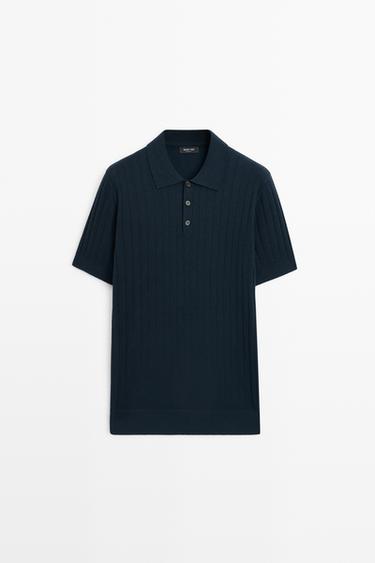 Ribbed knit cotton blend polo shirt — NAVY BLUE 2