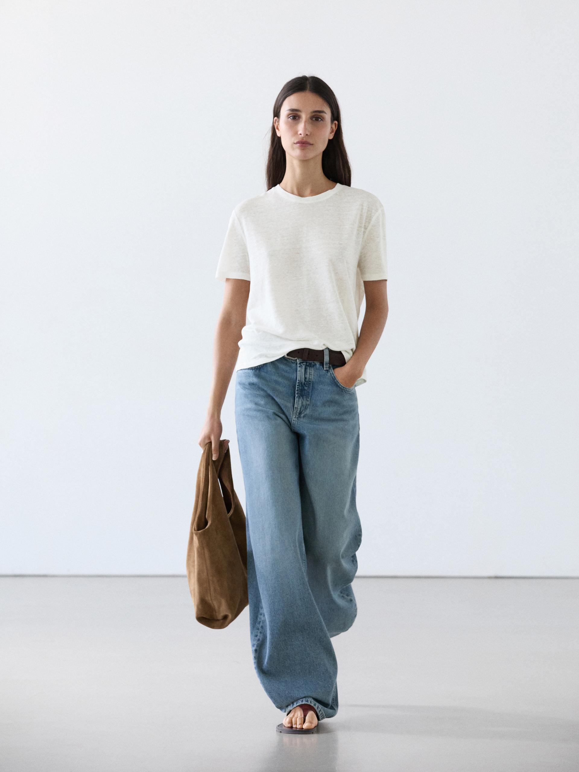 Camiseta Manga Corta Lino - Blanco Roto - Xl - Massimo Dutti - Mujer