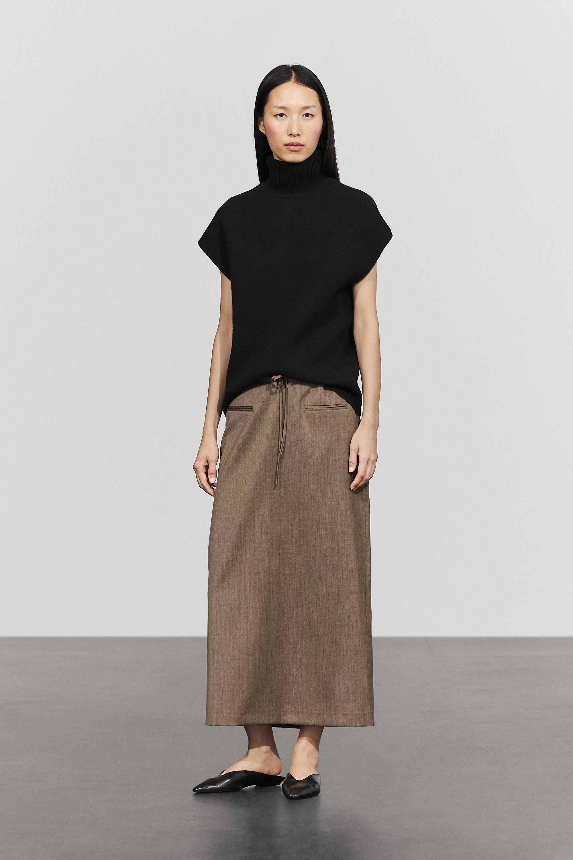100% wool midi skirt with drawstring — MOLE BROWN