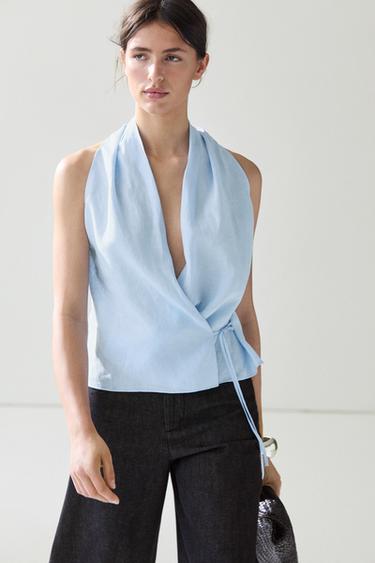 100% linen halter top with tie detail — SKY BLUE 5
