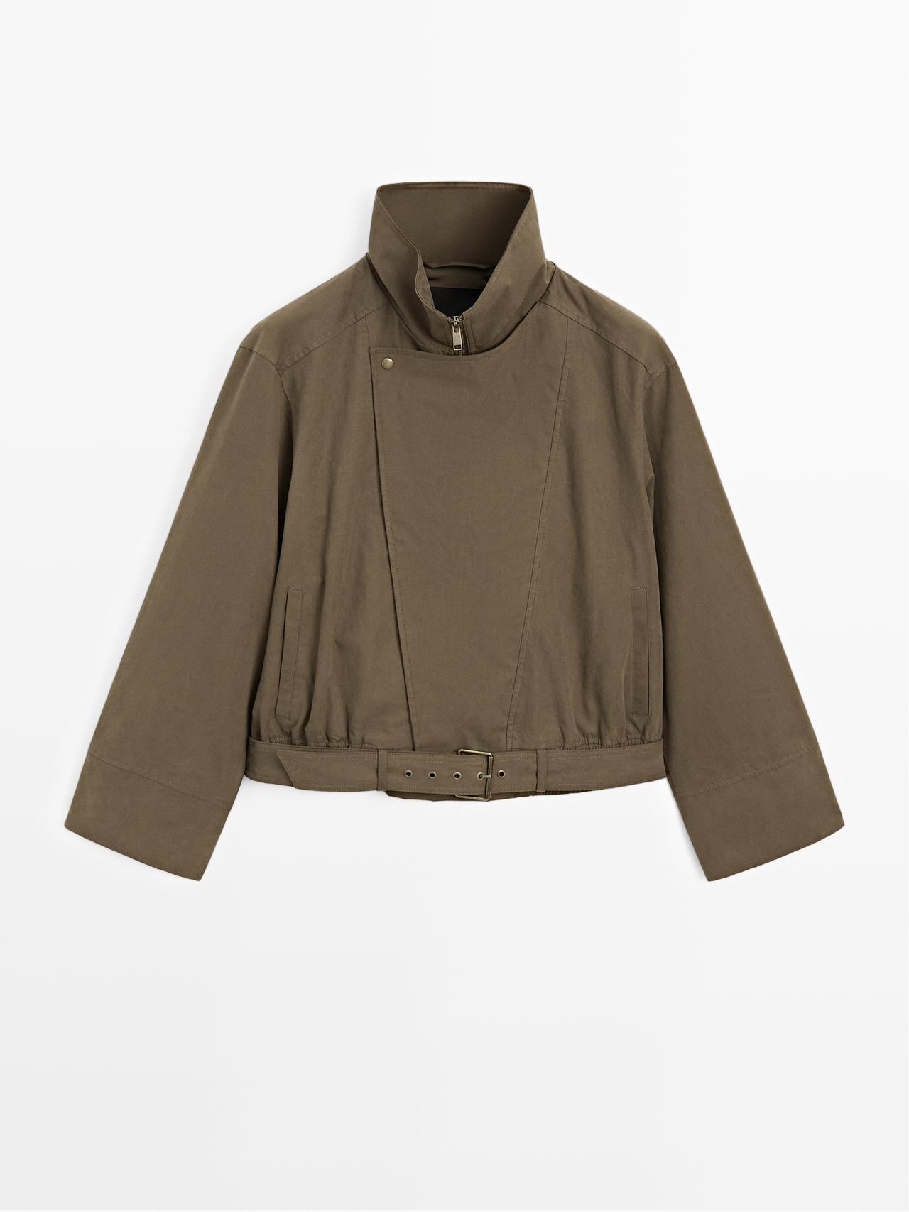Massimo Dutti - Dame - Jakke I Bomuldsblanding Med Bæltedetalje - Kaki - S