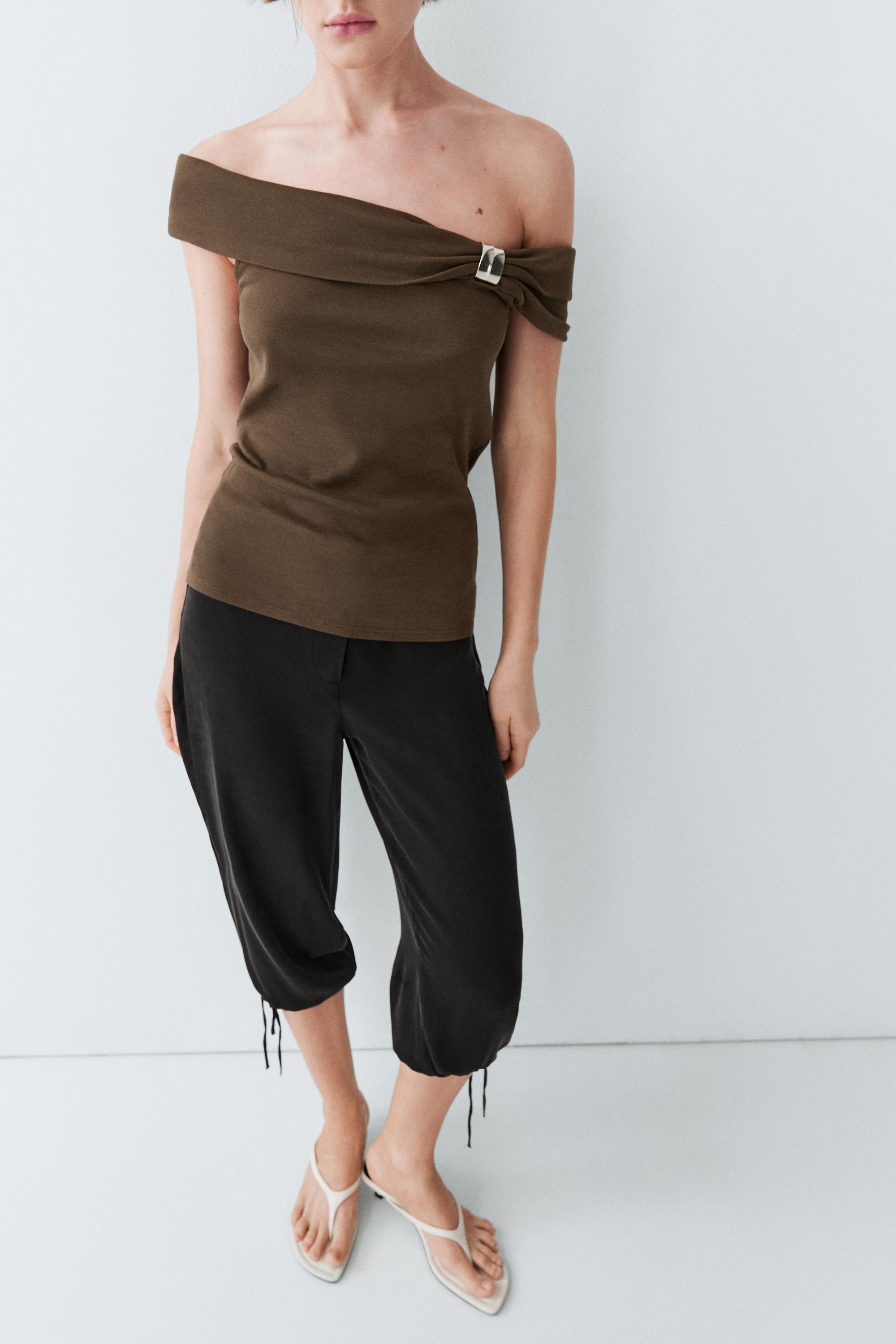 Off-the-shoulder top with jewel detail — KHAKI