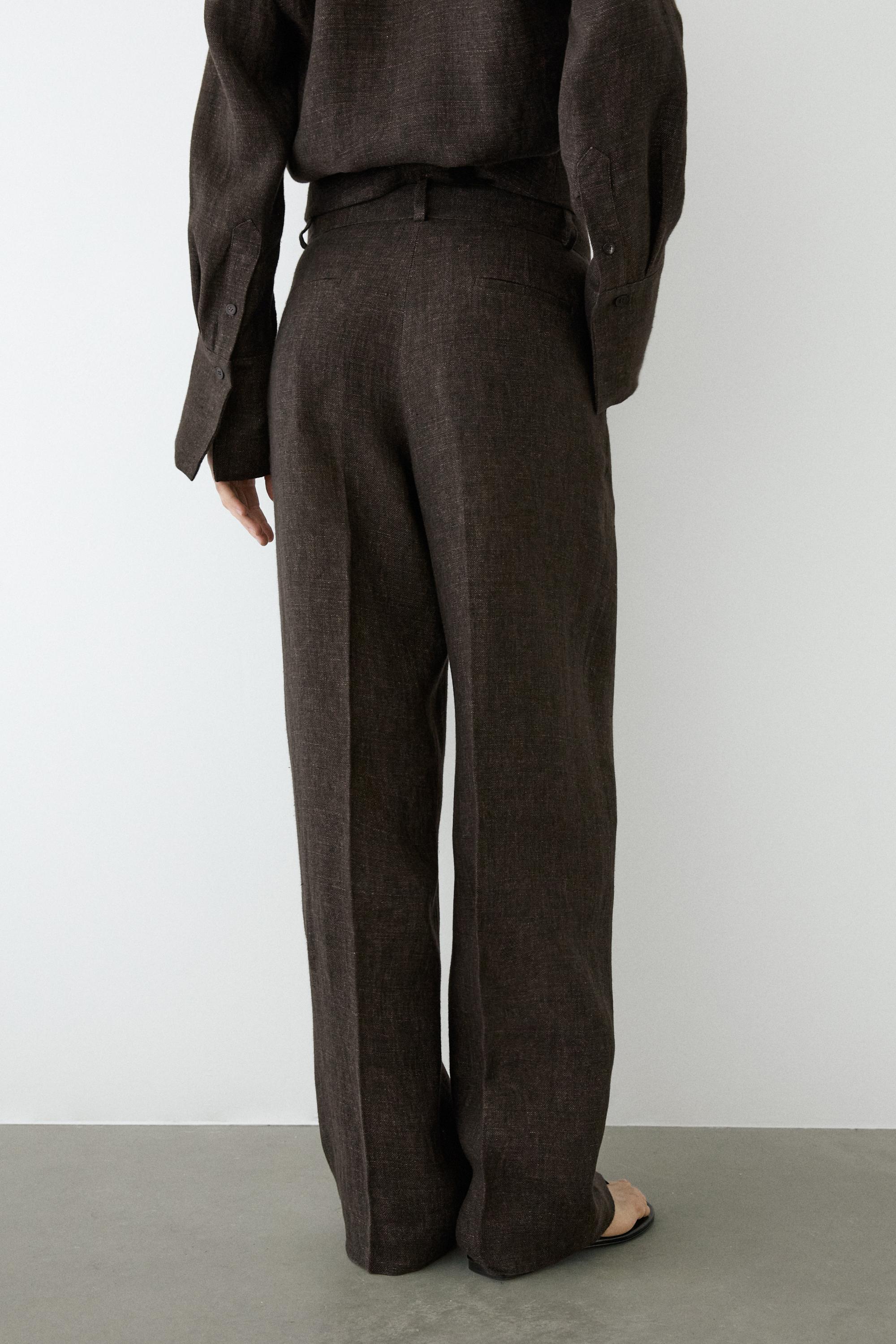 Total look melange linen darted trousers — MOLE BROWN